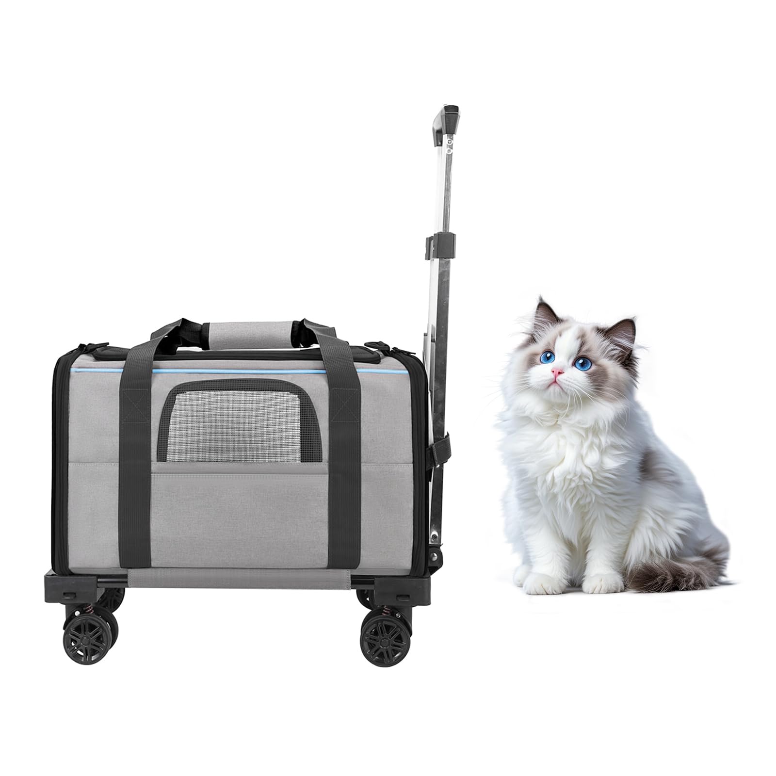 Elfpeth pet carrier with wheels, front view, compact soft-side travel option