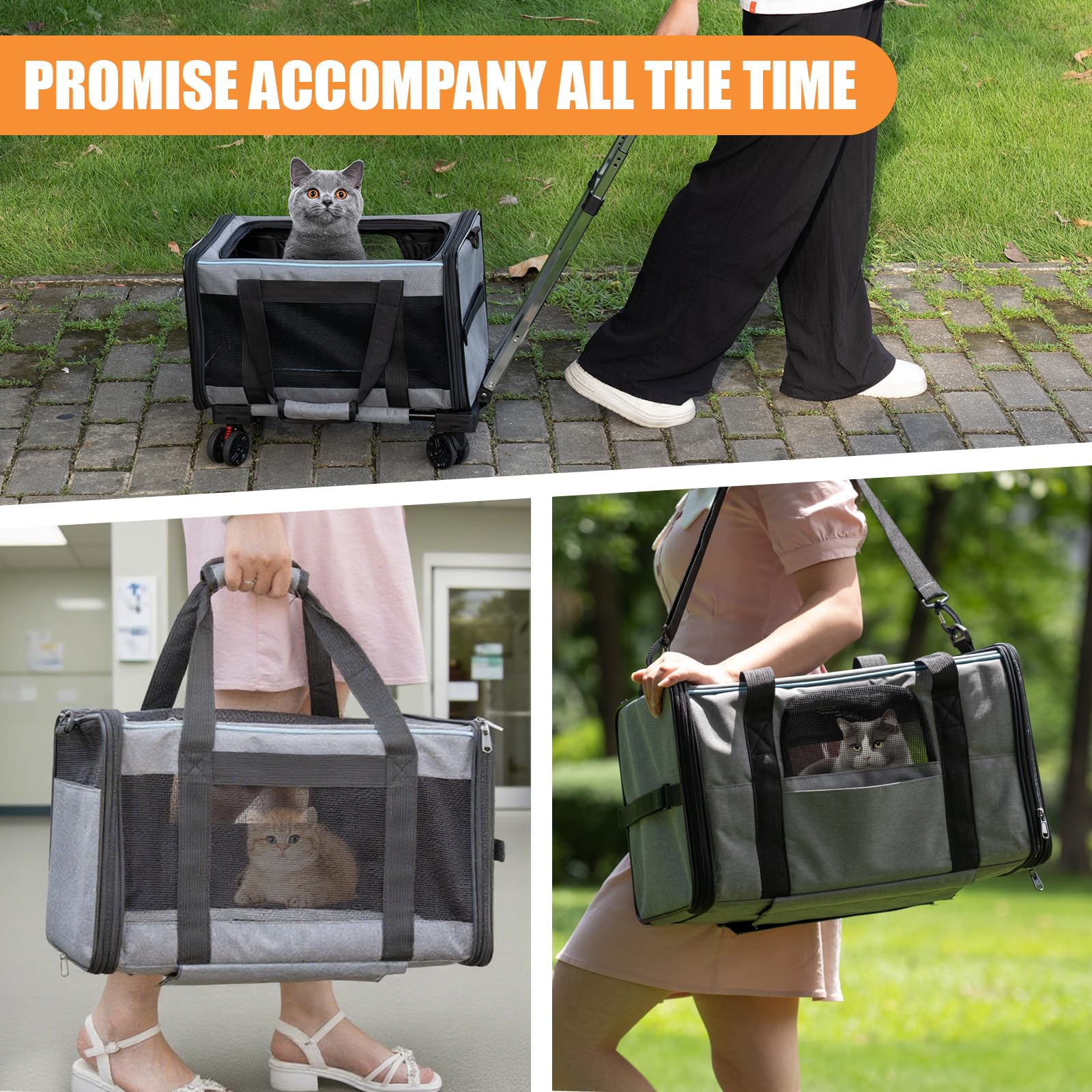 Elfpeth pet carrier with wheels, removable bed, washable comfort for pets