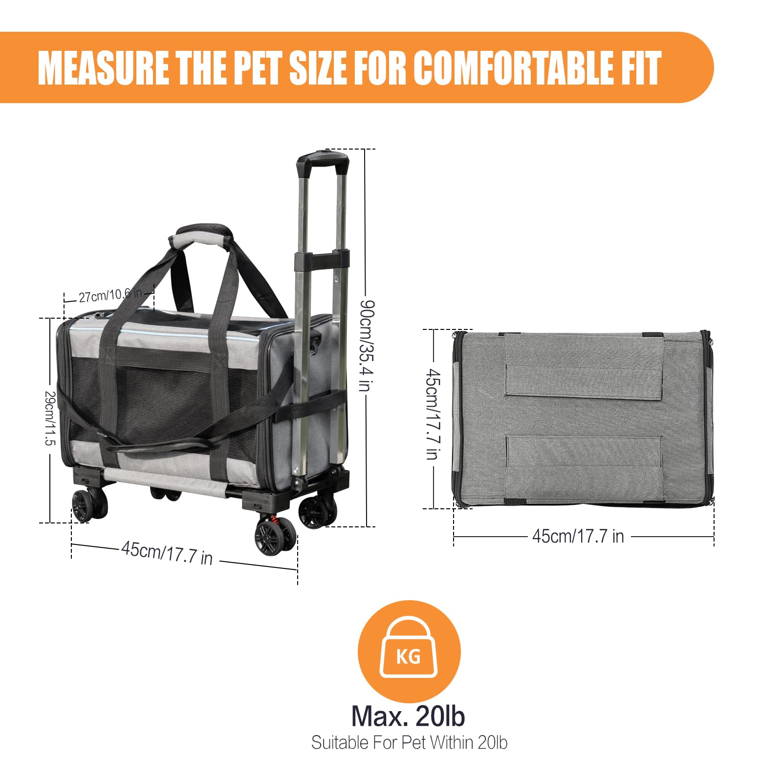 Elfpeth pet carrier with wheels, luggage strap compatibility, secure car rides