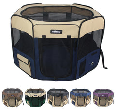 EliteField 2-Door Soft Pet Playpen front view showcases airy hex mesh for ventilation indoors and outdoors.