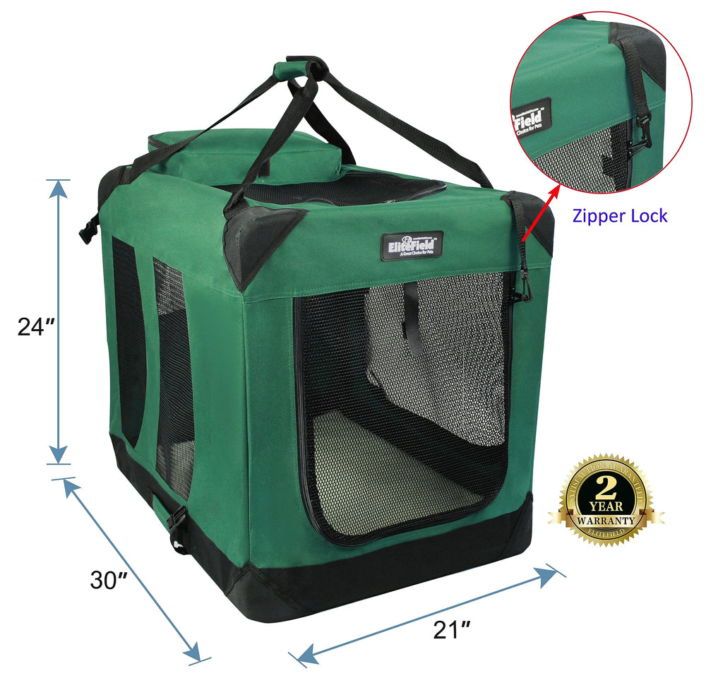 EliteField 3-Door crate front with door open for easy access and placement.