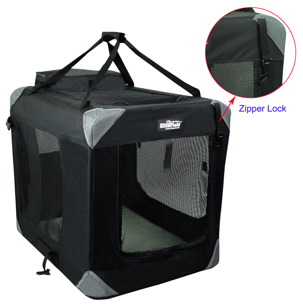 EliteField 3-Door folding soft dog crate front door for quick setup and secure containment.