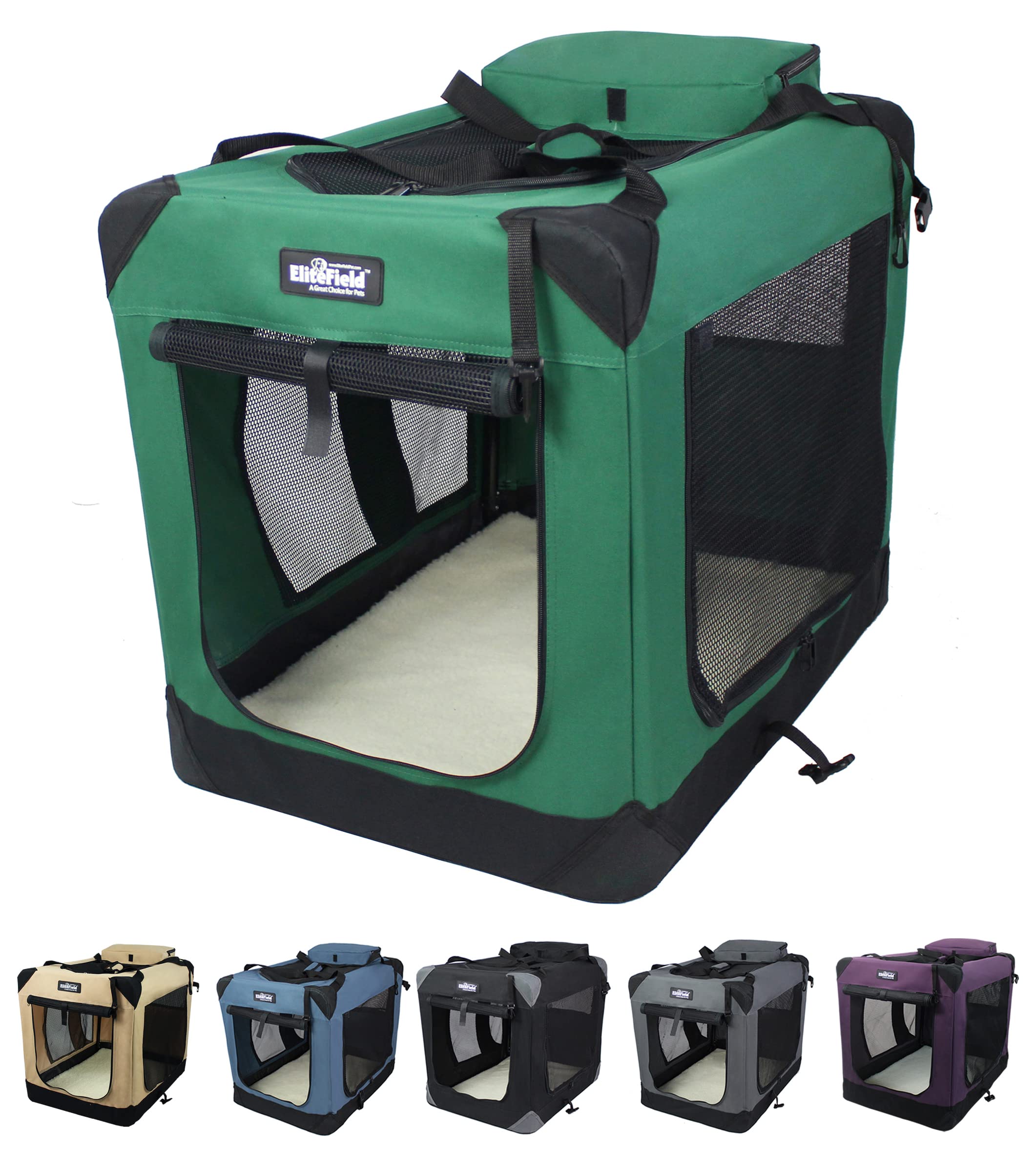 EliteField 3-Door Folding Soft Dog Crate front view, spacious interior and breathable mesh for comfort