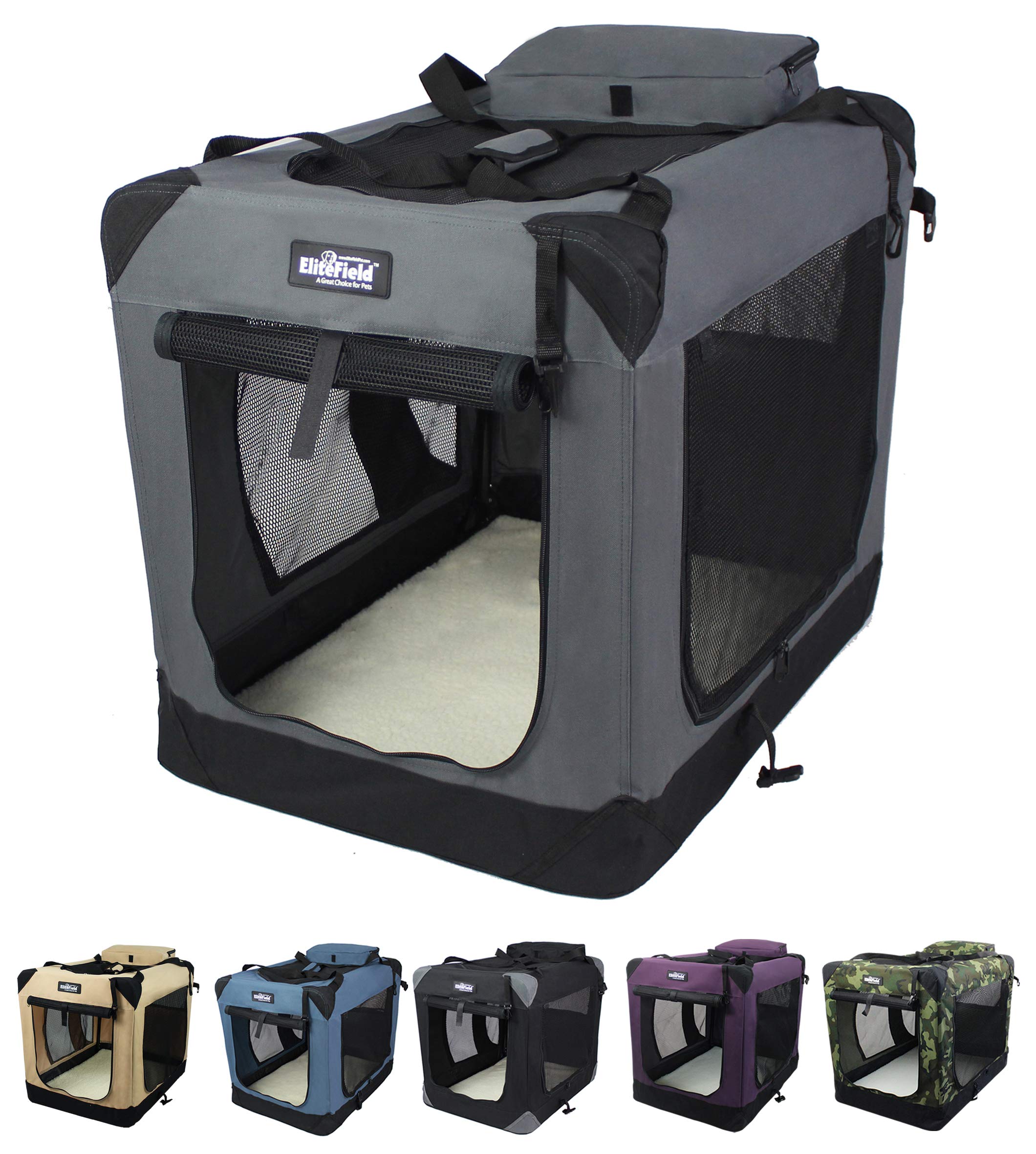 EliteField 3-door folding soft dog crate in gray shows compact 20x14x14 size for travel