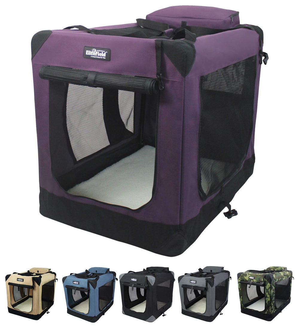 EliteField 3-Door Folding Soft Dog Crate in purple front view showing spacious interior