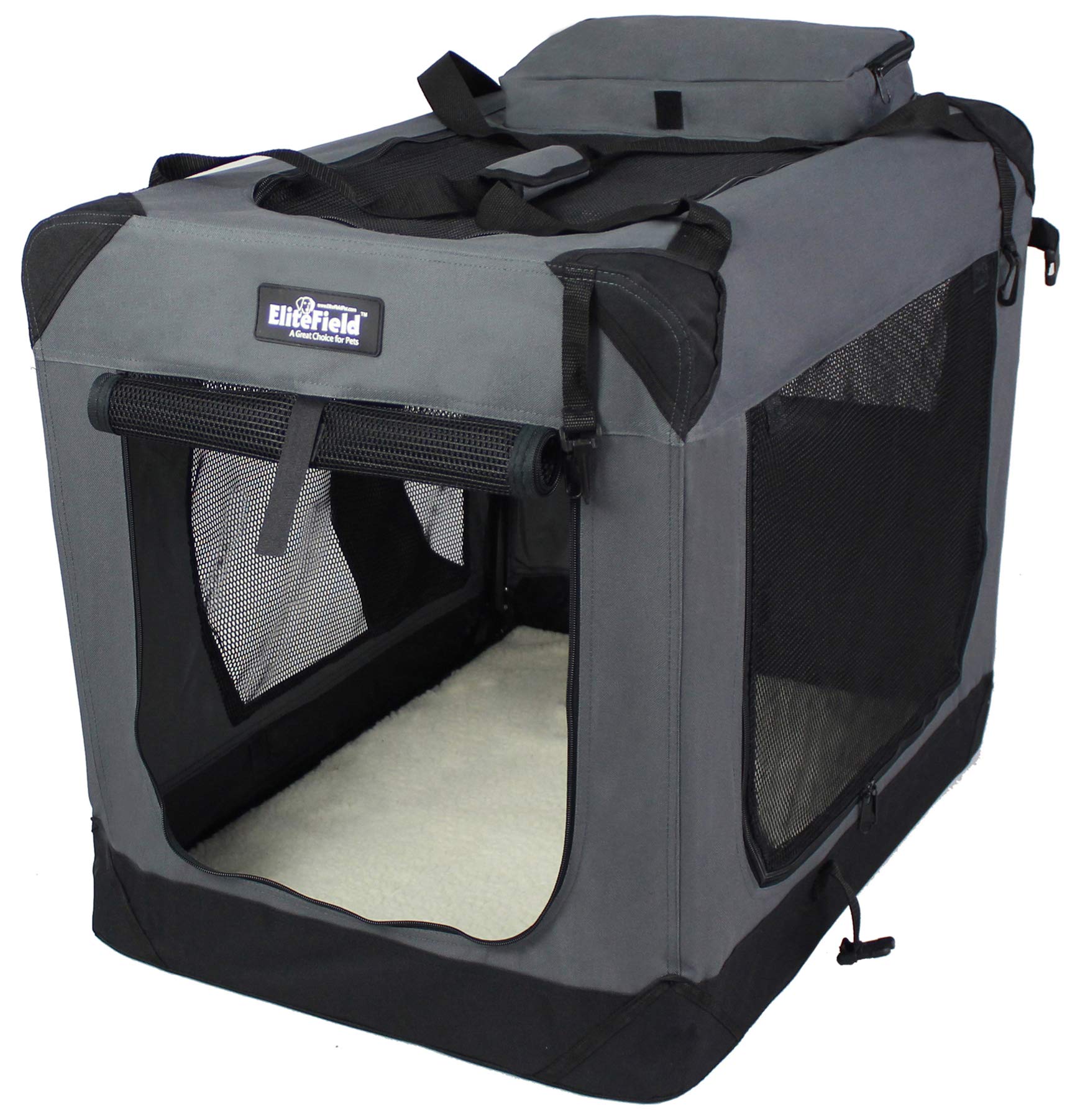 EliteField 3-Door Folding Soft Dog Crate top mesh door boosts access and airflow for calm lounging