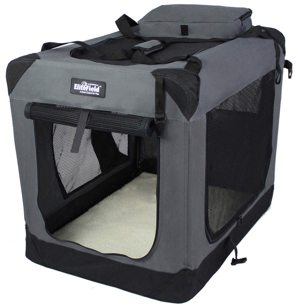 EliteField 3-Door Folding Soft Dog Crate top mesh door boosts access and airflow for calm lounging
