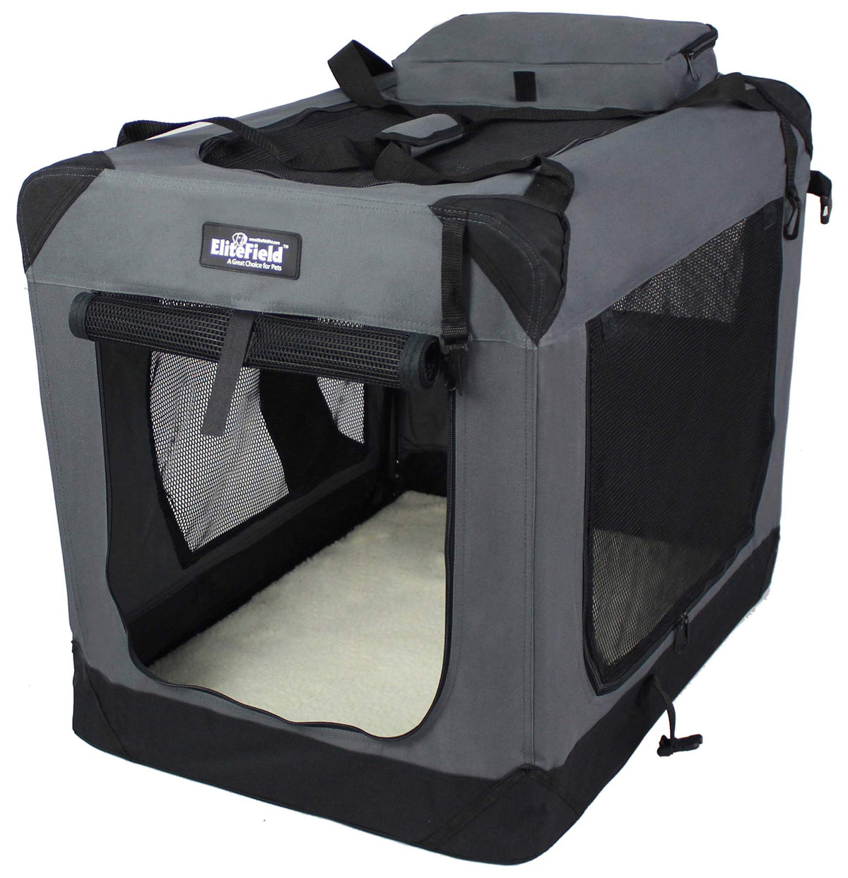 EliteField 3-Door Folding Soft Dog Crate top mesh door boosts access and airflow for calm lounging