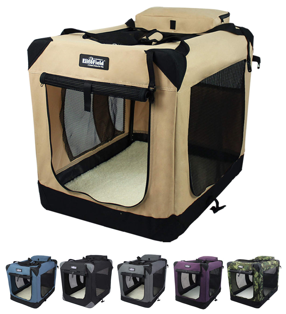 EliteField 3-Door Folding Soft Dog Crate wide view showing spacious interior for comfort