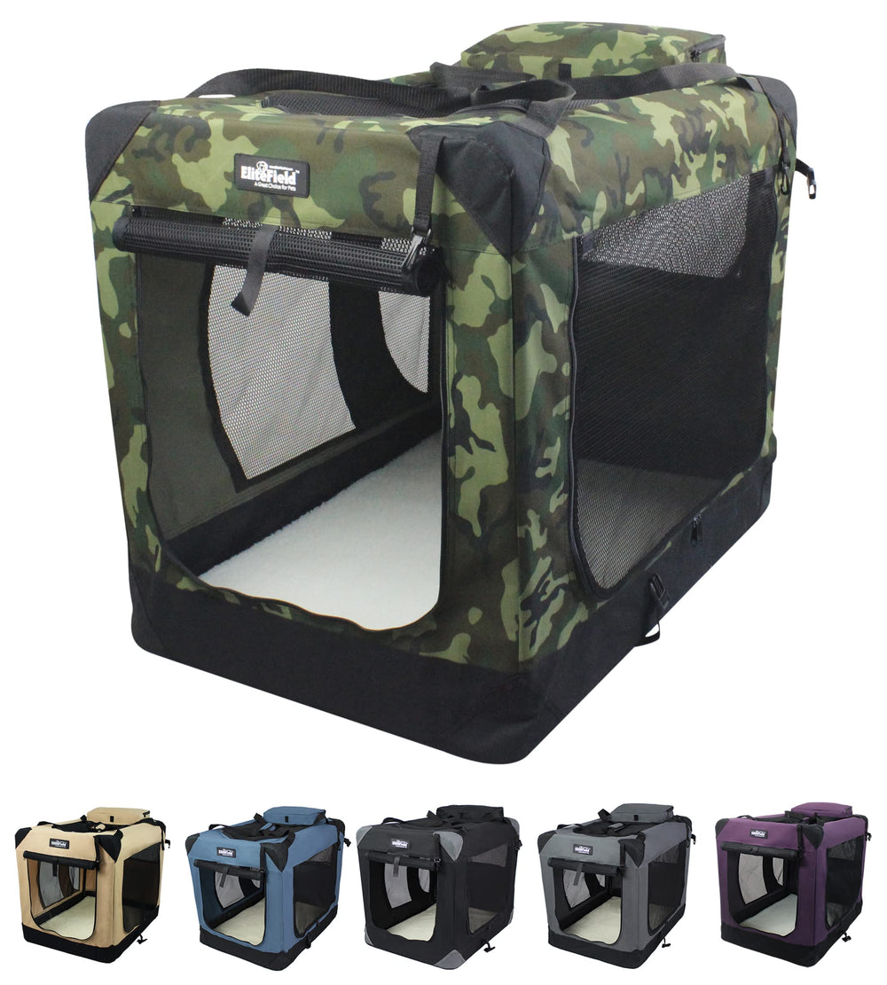 EliteField 3-Door Soft Crate set up for easy access and breathable comfort
