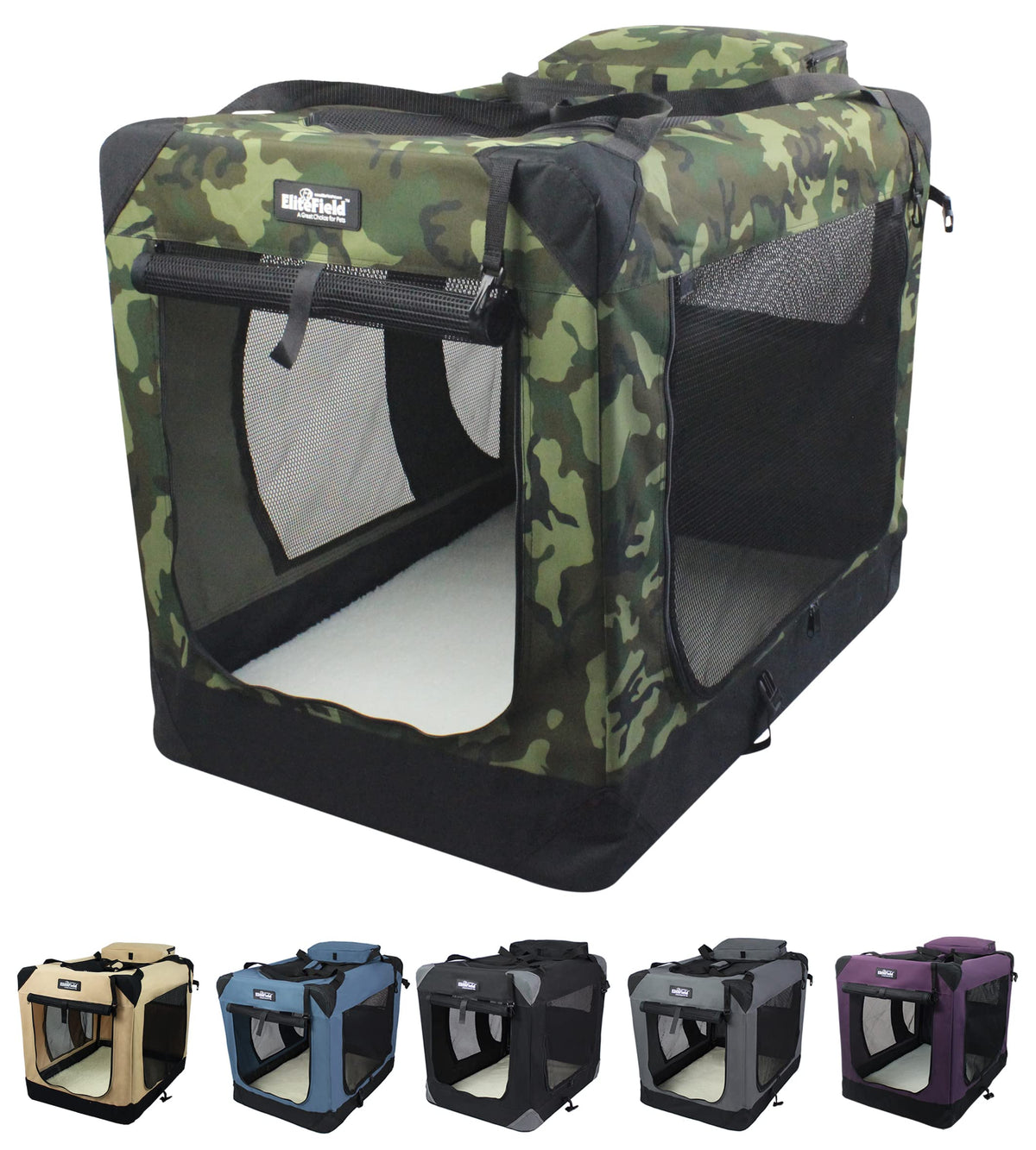 EliteField 3-Door Soft Crate set up for easy access and breathable comfort