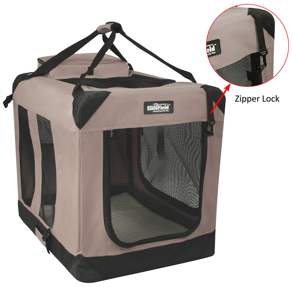 EliteField 3-Door Soft Dog Crate setup demonstrating quick assembly