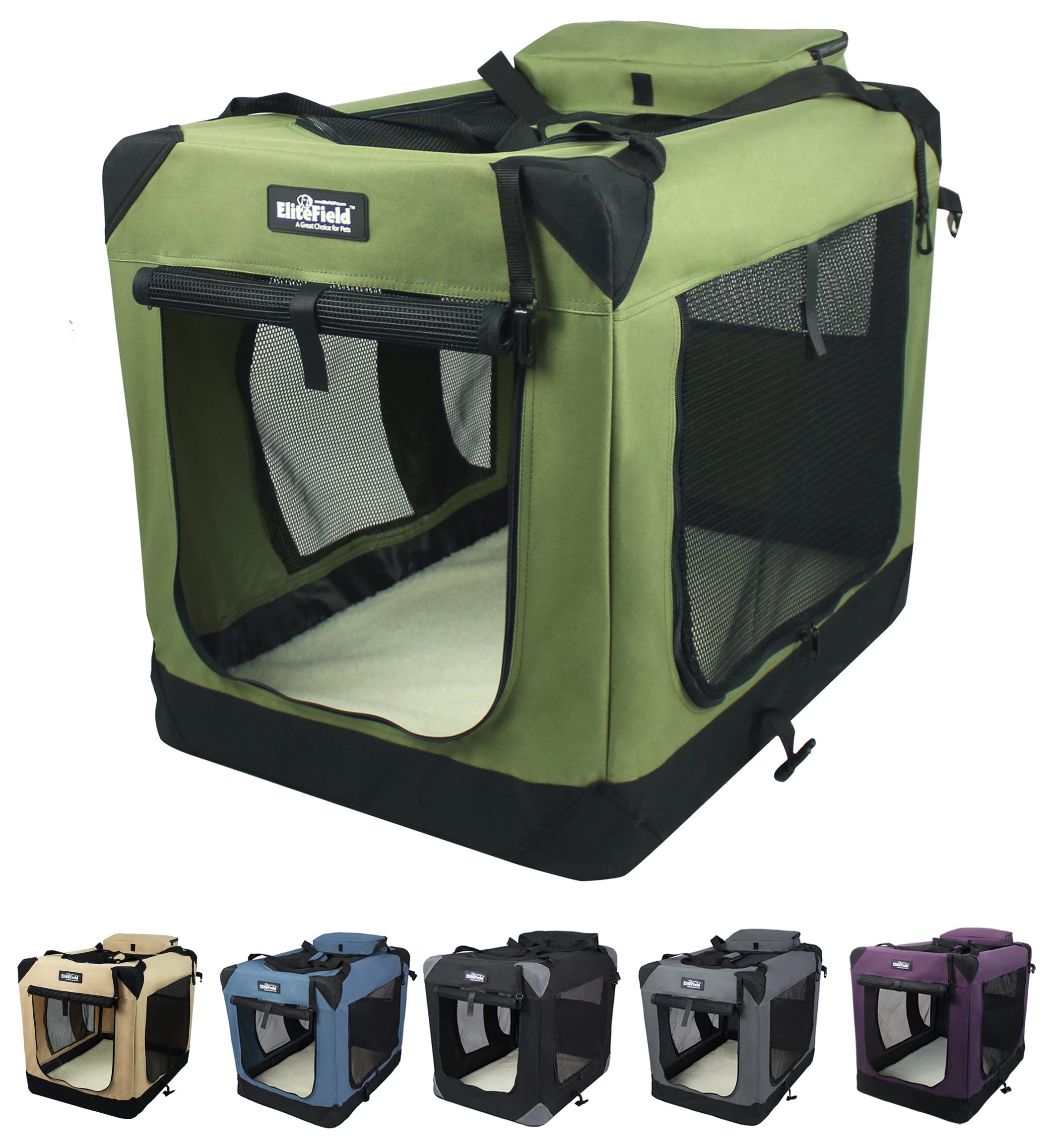 EliteField 3-door soft dog crate with top, front, and side doors for easy access and ventilation.