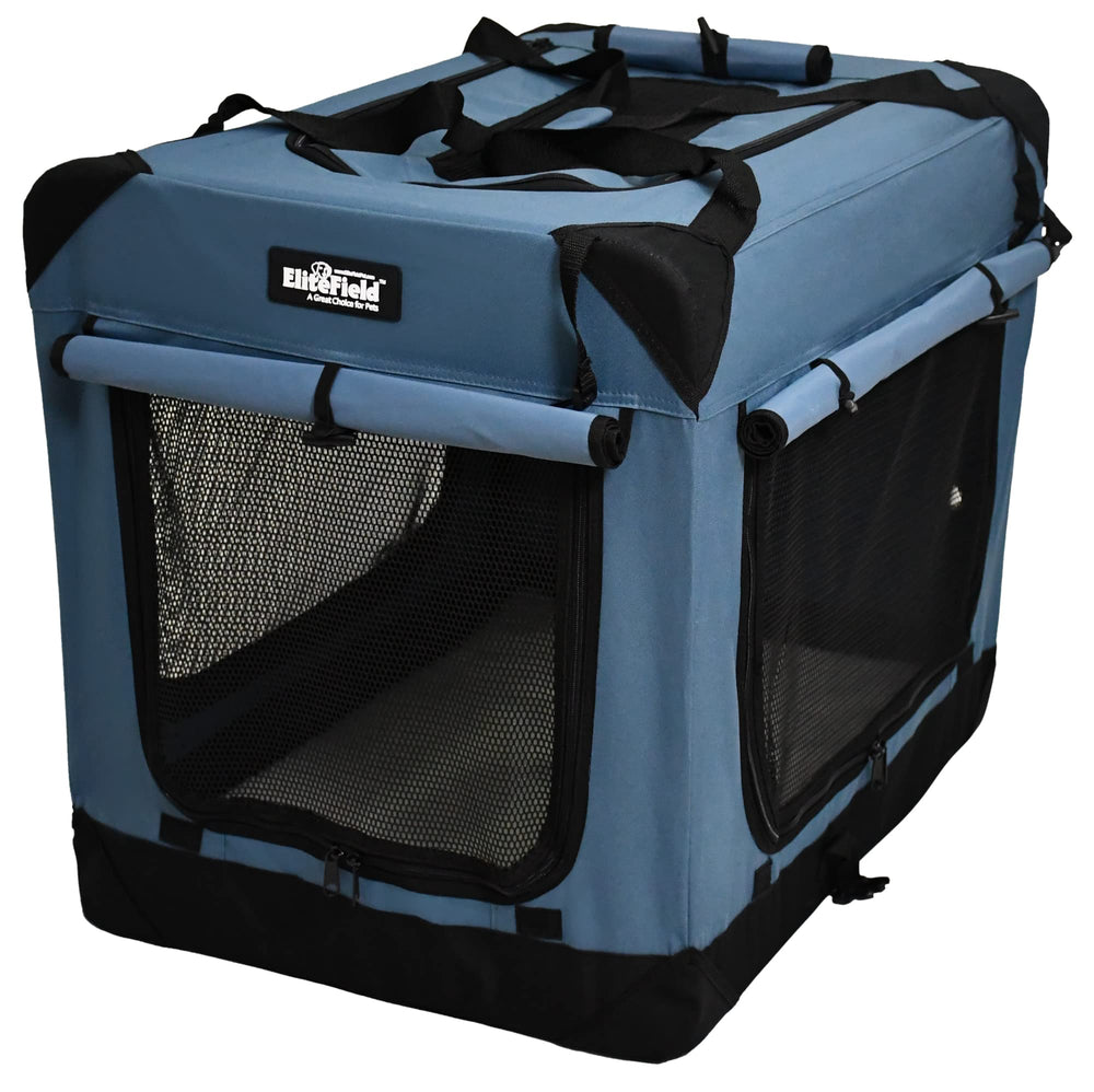 EliteField 4-Door Crate blue-gray folded-flat view shows compact storage.