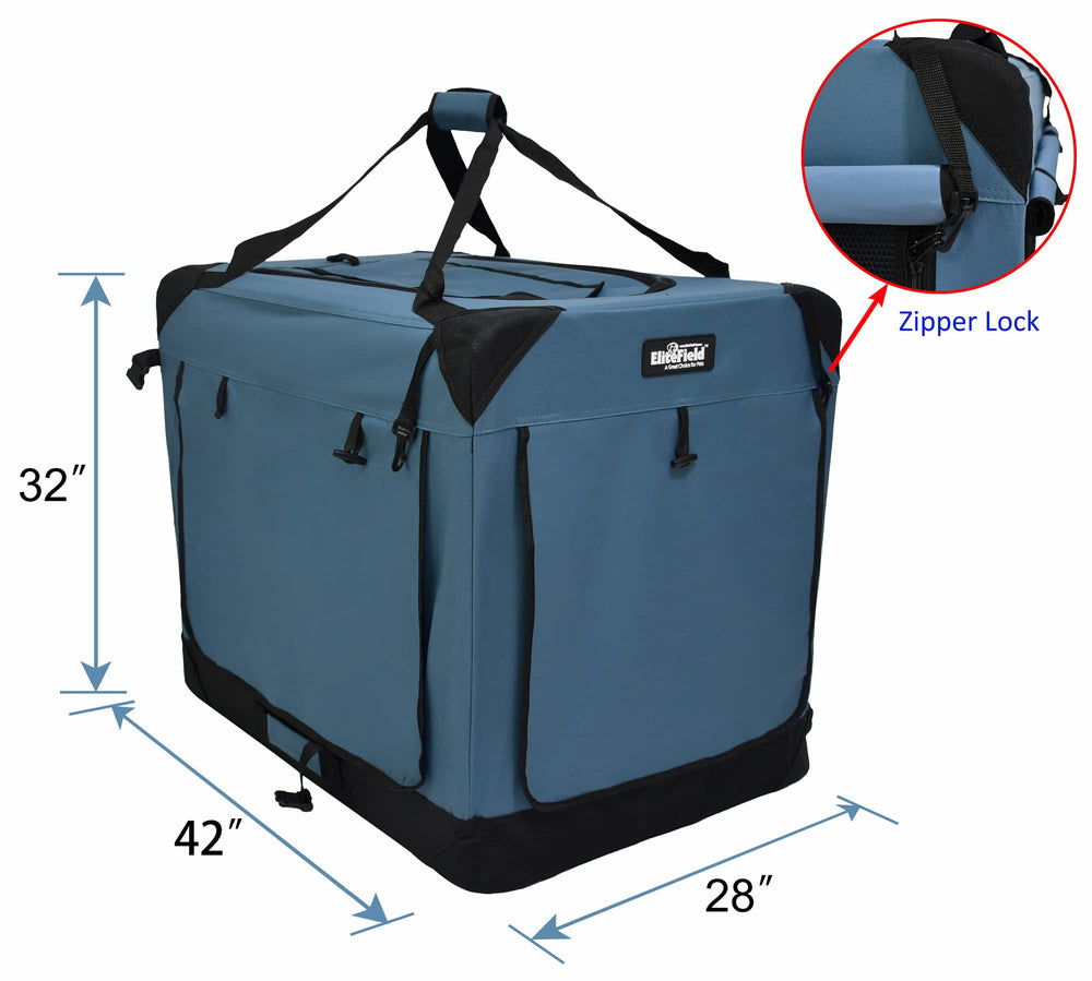 EliteField 4-Door Crate blue-gray front door for easy access and pet safety.