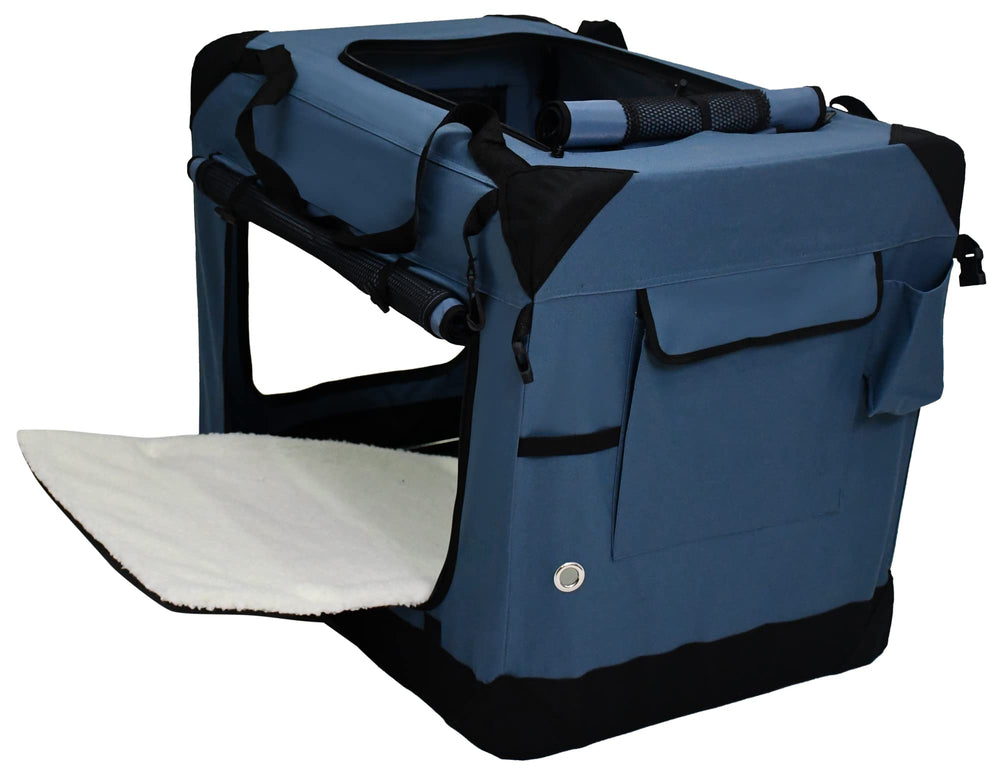 EliteField 4-Door Crate blue-gray secondary side door view with secure zipper locks.