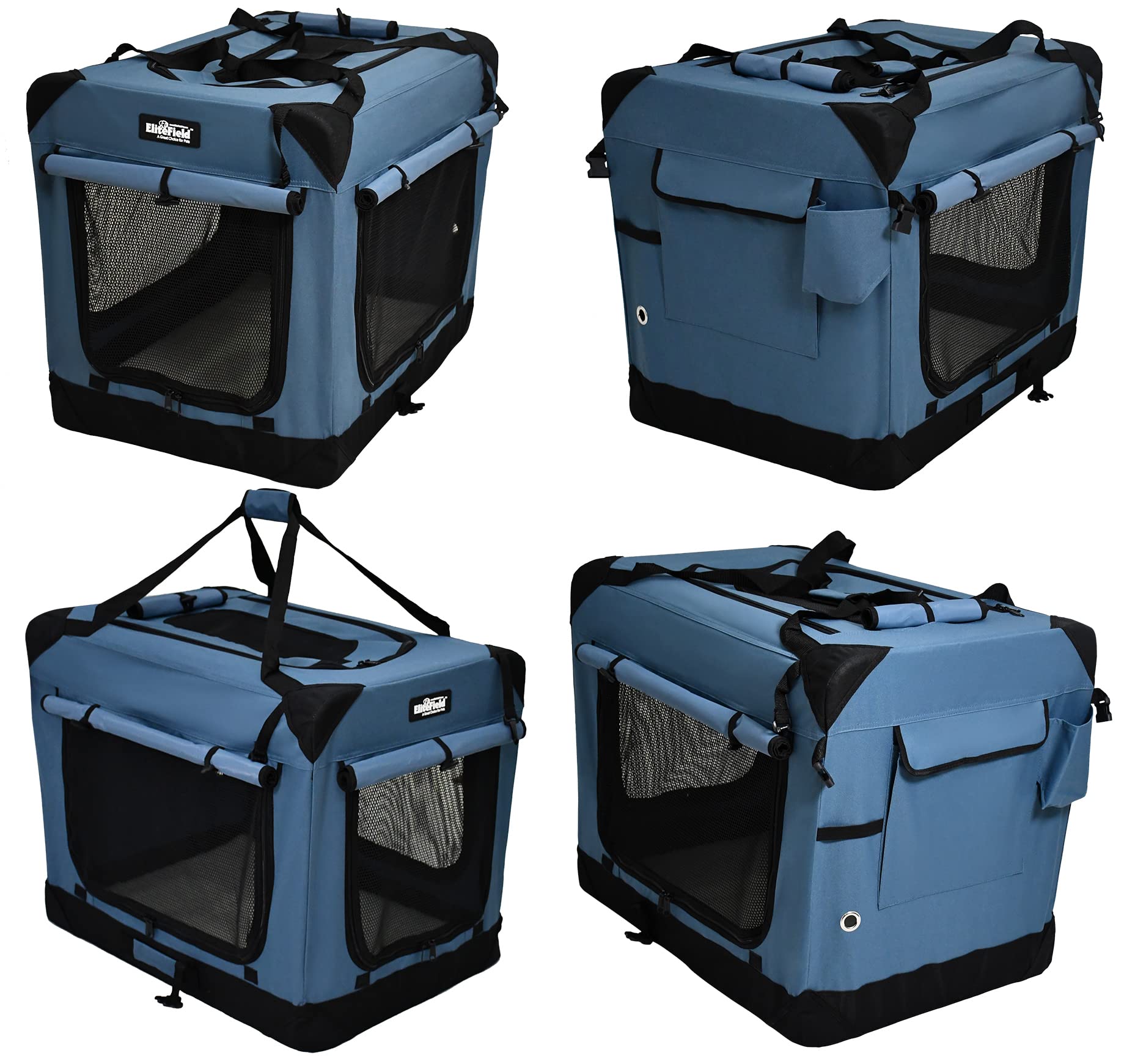 EliteField curtains shading the crate interior for restful naps