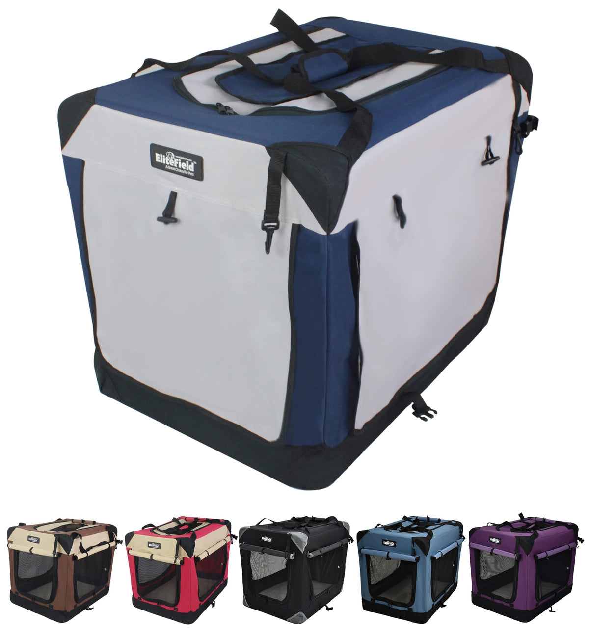 EliteField 4-door soft crate setup in a living room for safe, portable shelter.