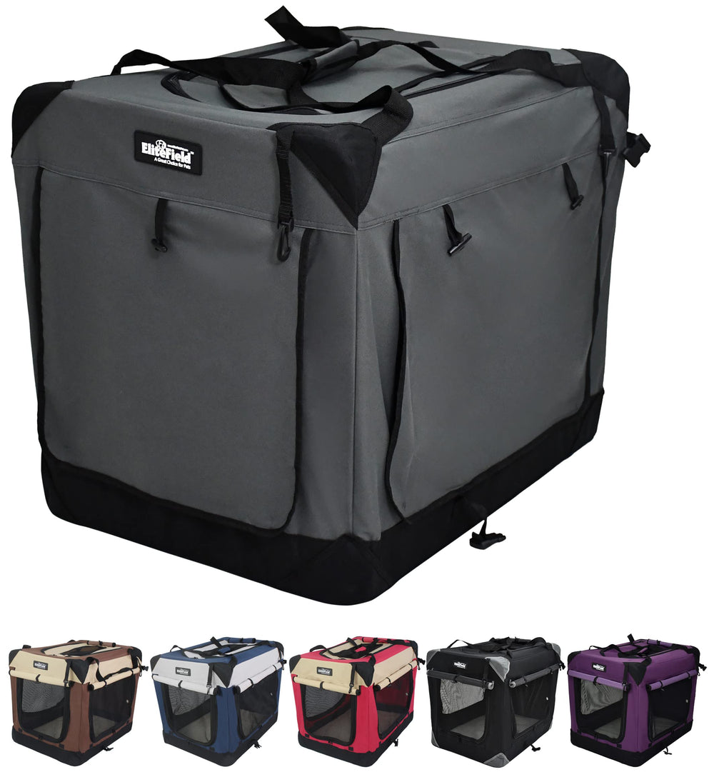 EliteField 4-Door Soft Dog Crate curtains provide shade for calmer travel