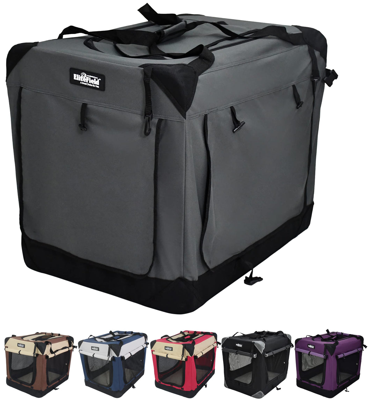 EliteField 4-Door Soft Dog Crate curtains provide shade for calmer travel