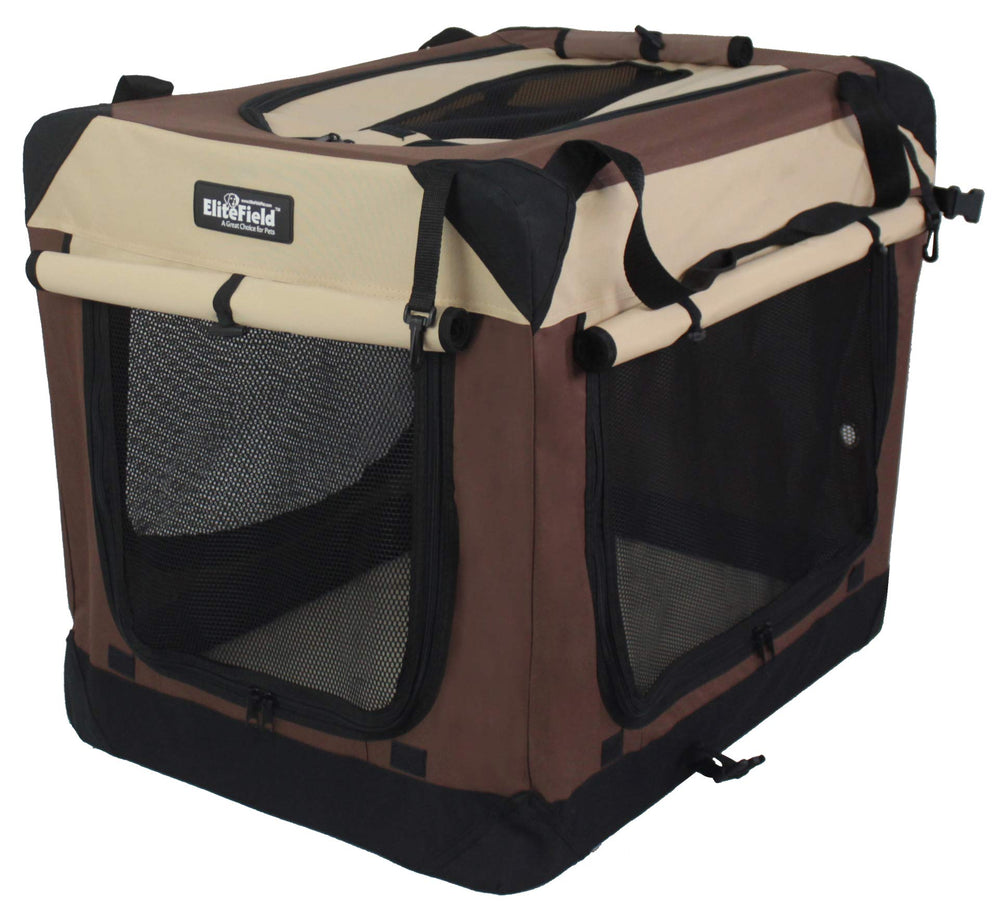 EliteField 4-door soft dog crate top view highlights breathable hex mesh and ventilation.