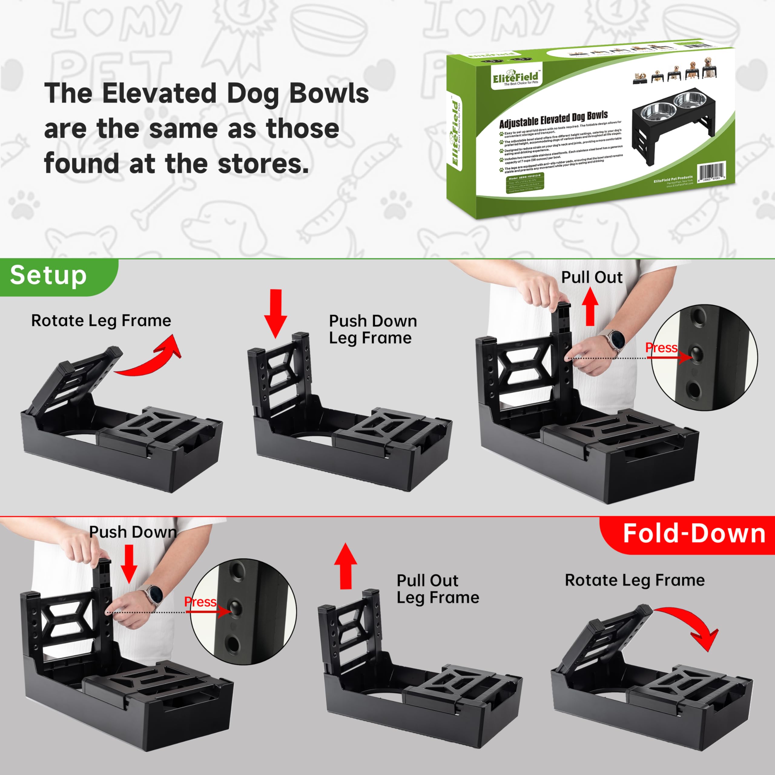 EliteField elevated dog bowls foldable design facilitates travel with pets.