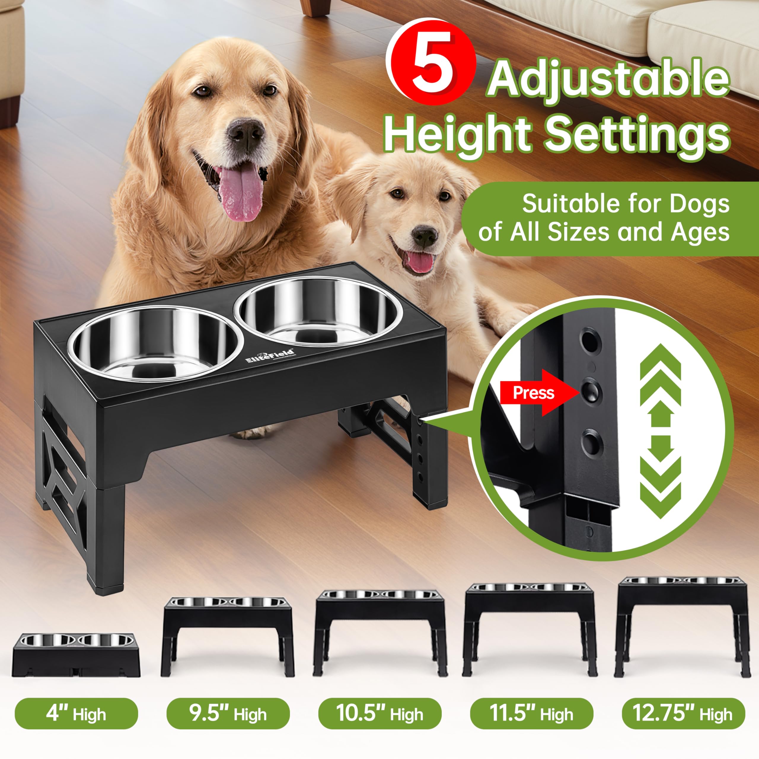 EliteField elevated dog bowls with five height settings for dogs of all sizes.