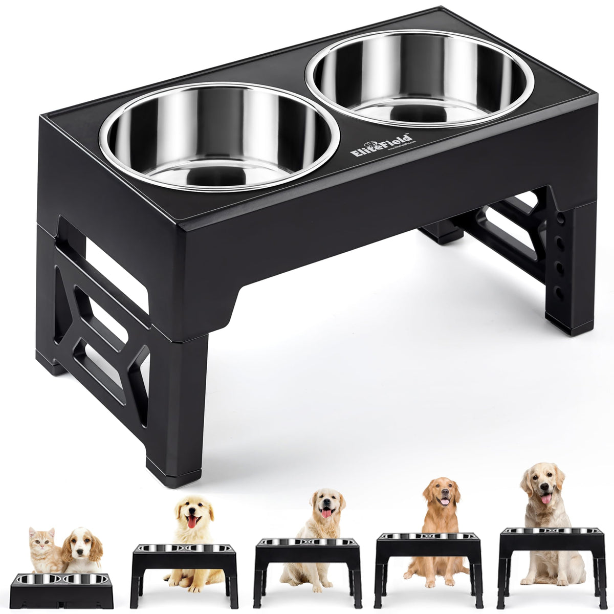 EliteField elevated dog bowls setup shows tool-free assembly for effortless home use.
