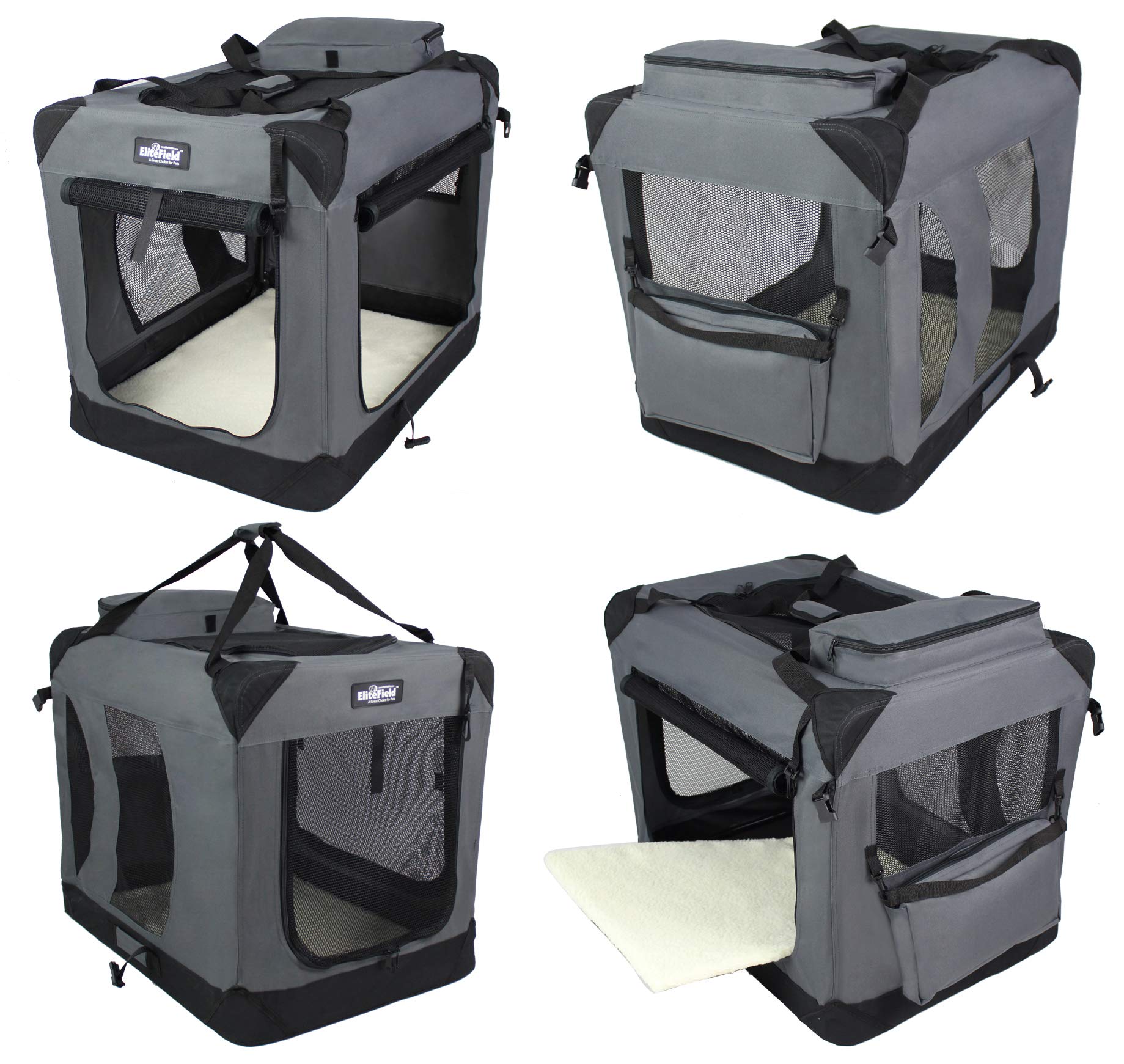 EliteField crate with carrying bag and fleece bed enhances portability and cozy comfort.