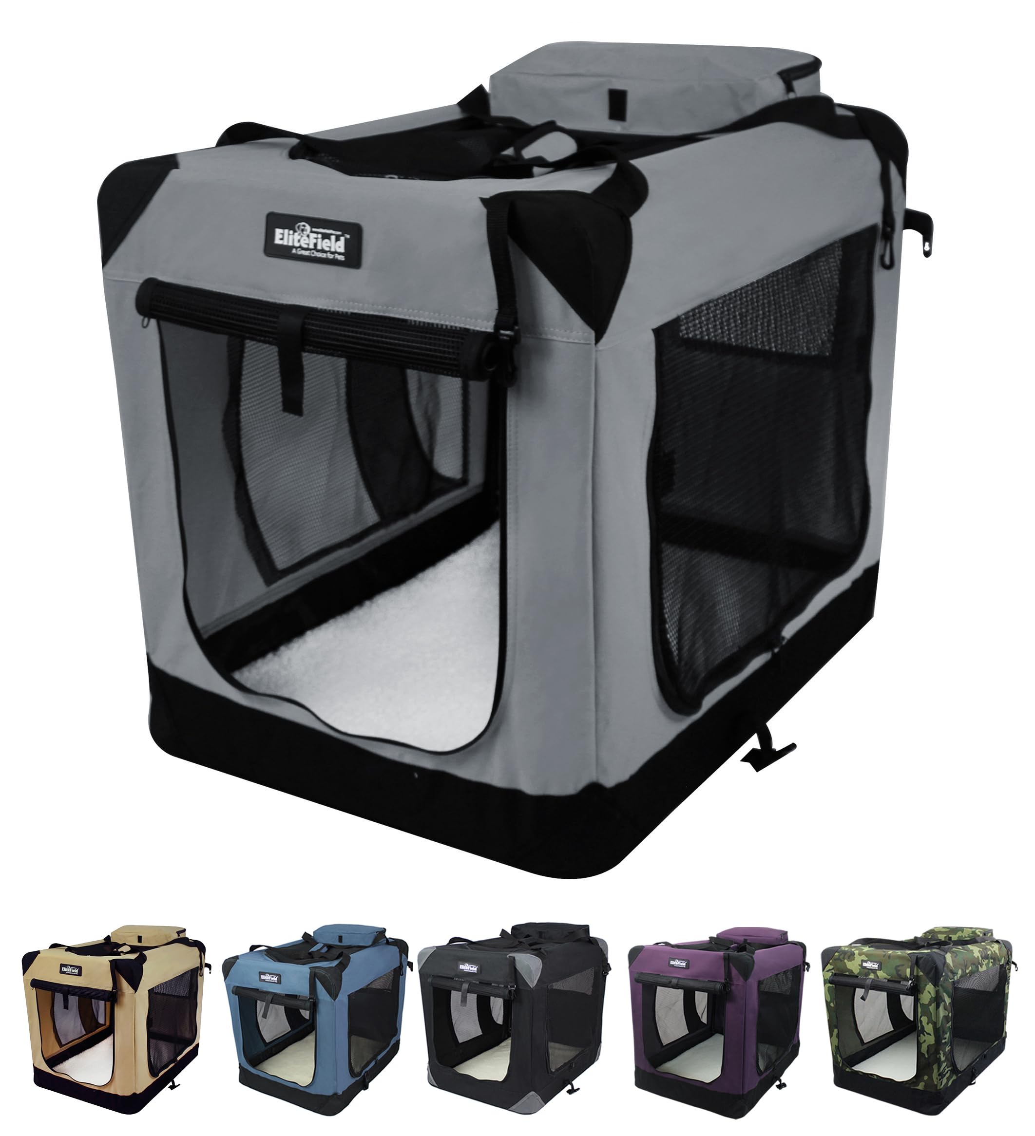 EliteField soft dog crate top mesh door boosts airflow and sunlight.