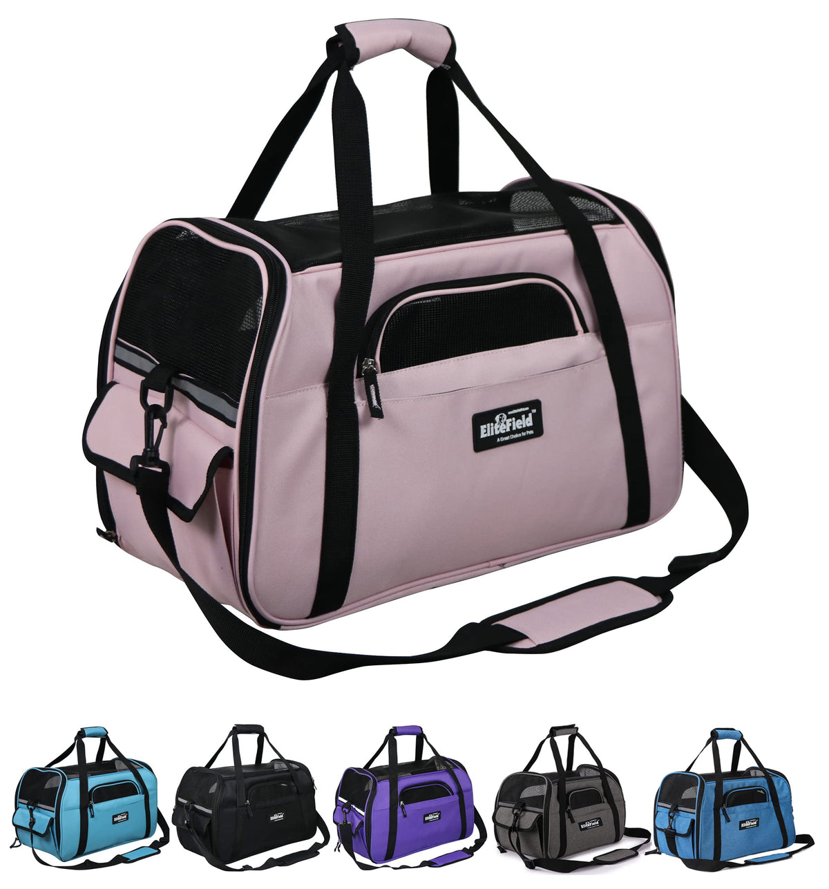 EliteField soft-sided pet carrier front view shows airline-approved travel-ready design.