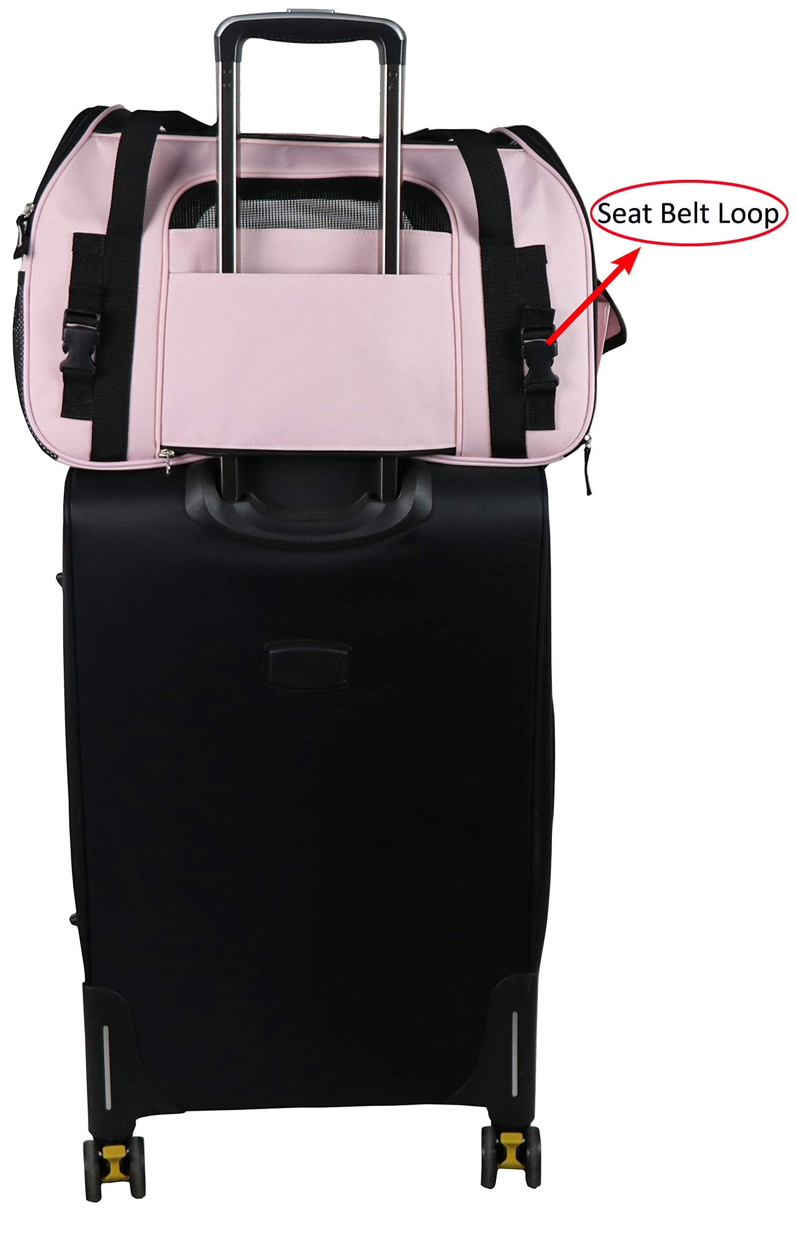 EliteField soft-sided pet carrier back sleeve enables suitcase attachment for long trips.