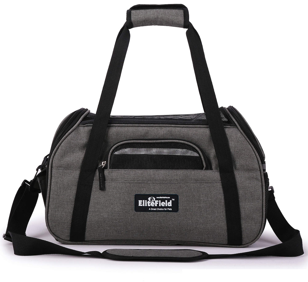 EliteField soft-sided pet carrier back-sleeve attaches to suitcase for smooth travel