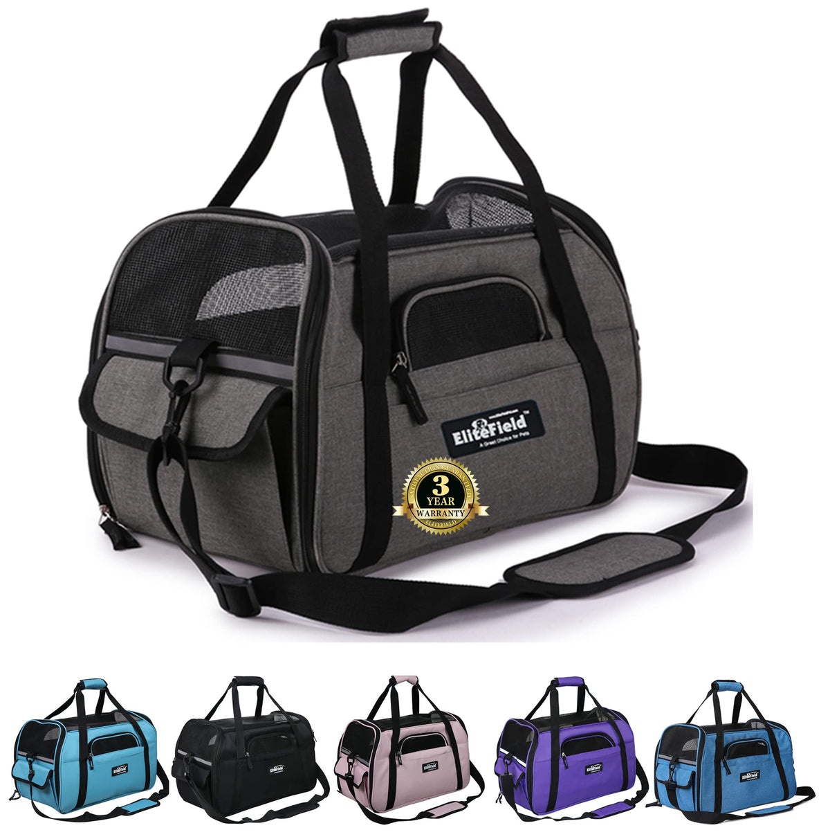 EliteField soft-sided pet carrier front view demonstrates travel-friendly airline design