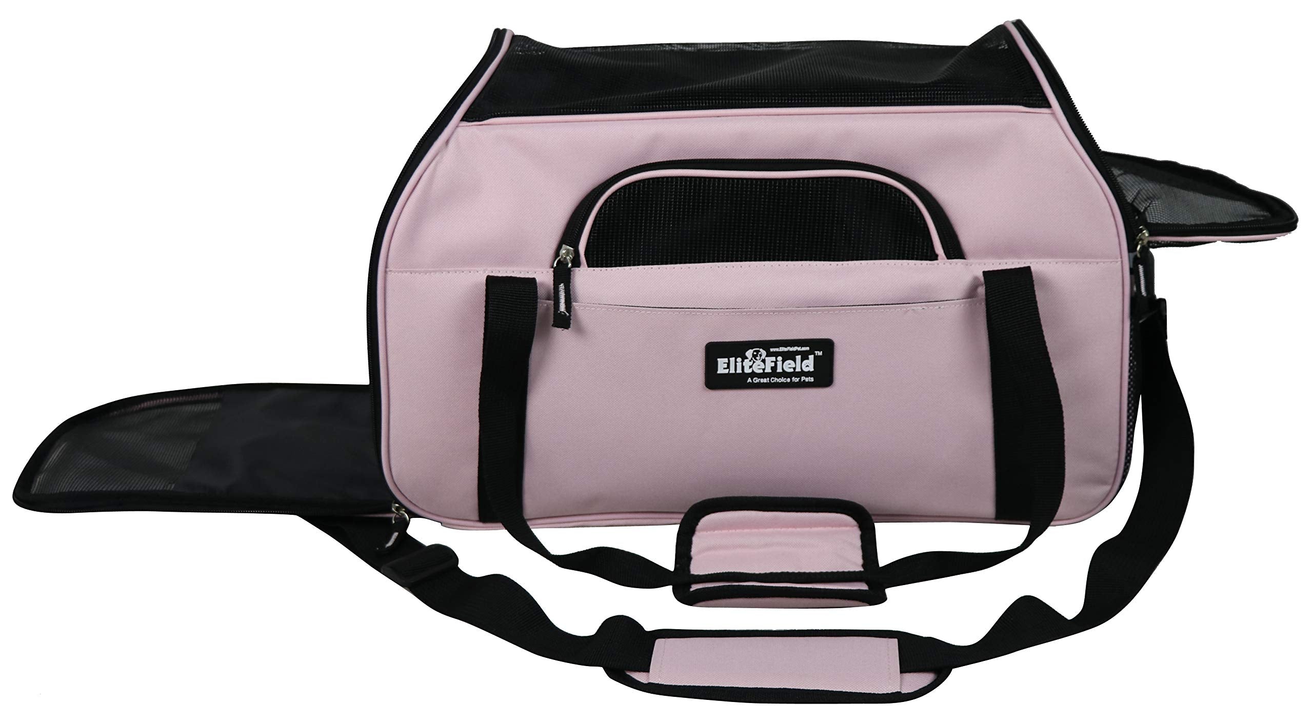 EliteField soft-sided pet carrier removable fleece bed inside highlights pet comfort on trips.