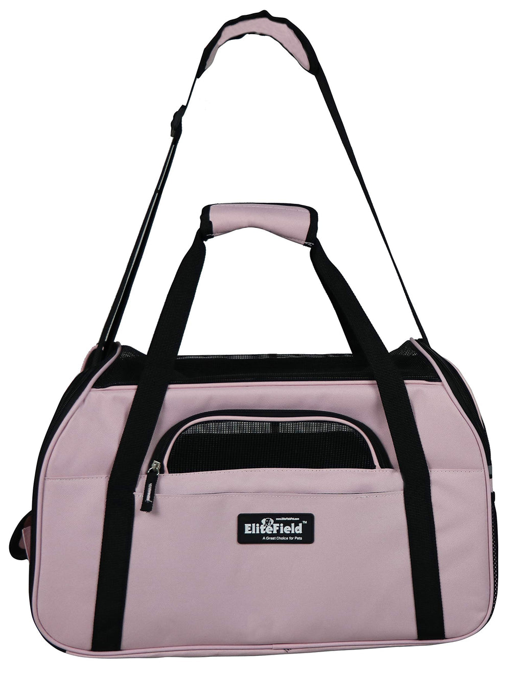 EliteField soft-sided pet carrier side pocket offers convenient storage for treats and toys.