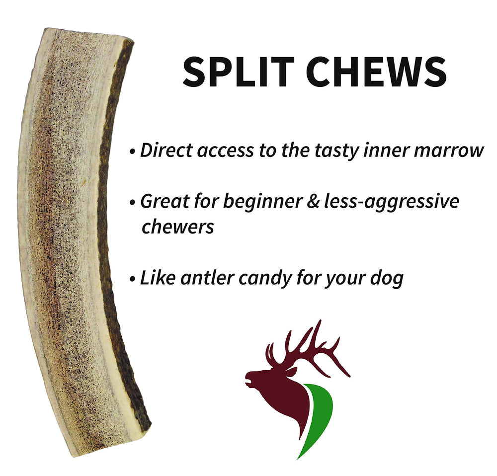 Elkhorn Premium Chews hand-cut smoothed-edges elk antler image emphasizes safer chewing.