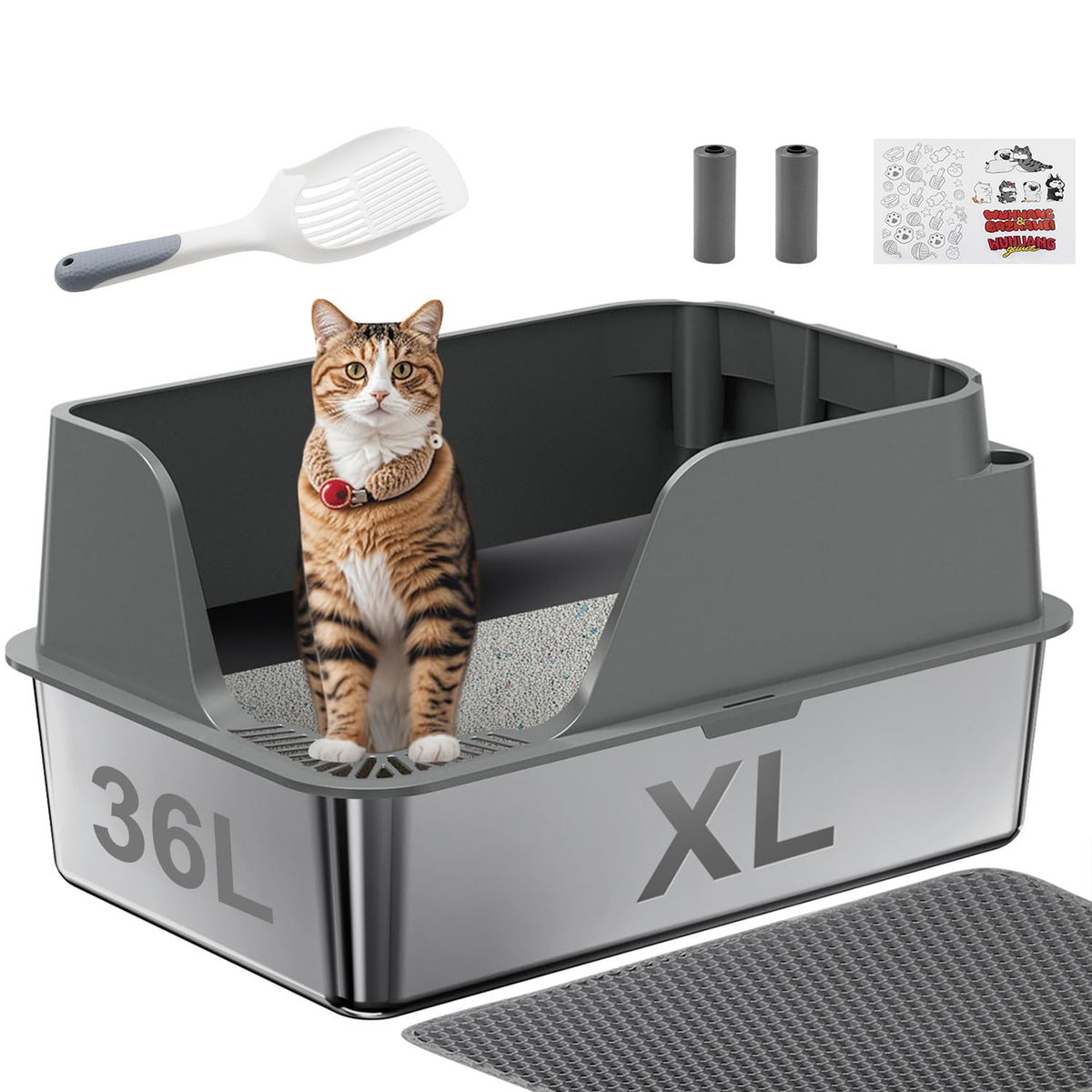 Ellenpent non-stick stainless steel litter box front view for easy cleaning