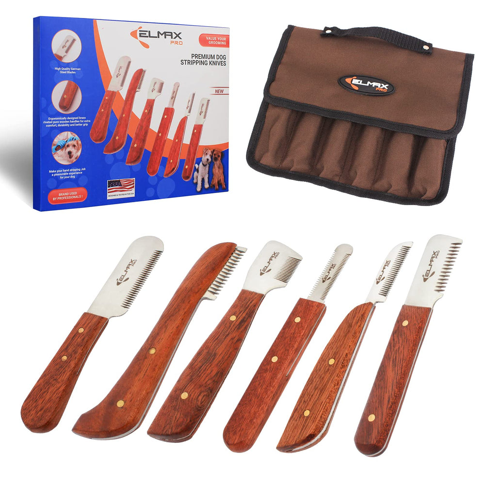 Elmax Pro dog stripping knife pack6 with stainless blades and rosewood handle for precise undercoat removal.