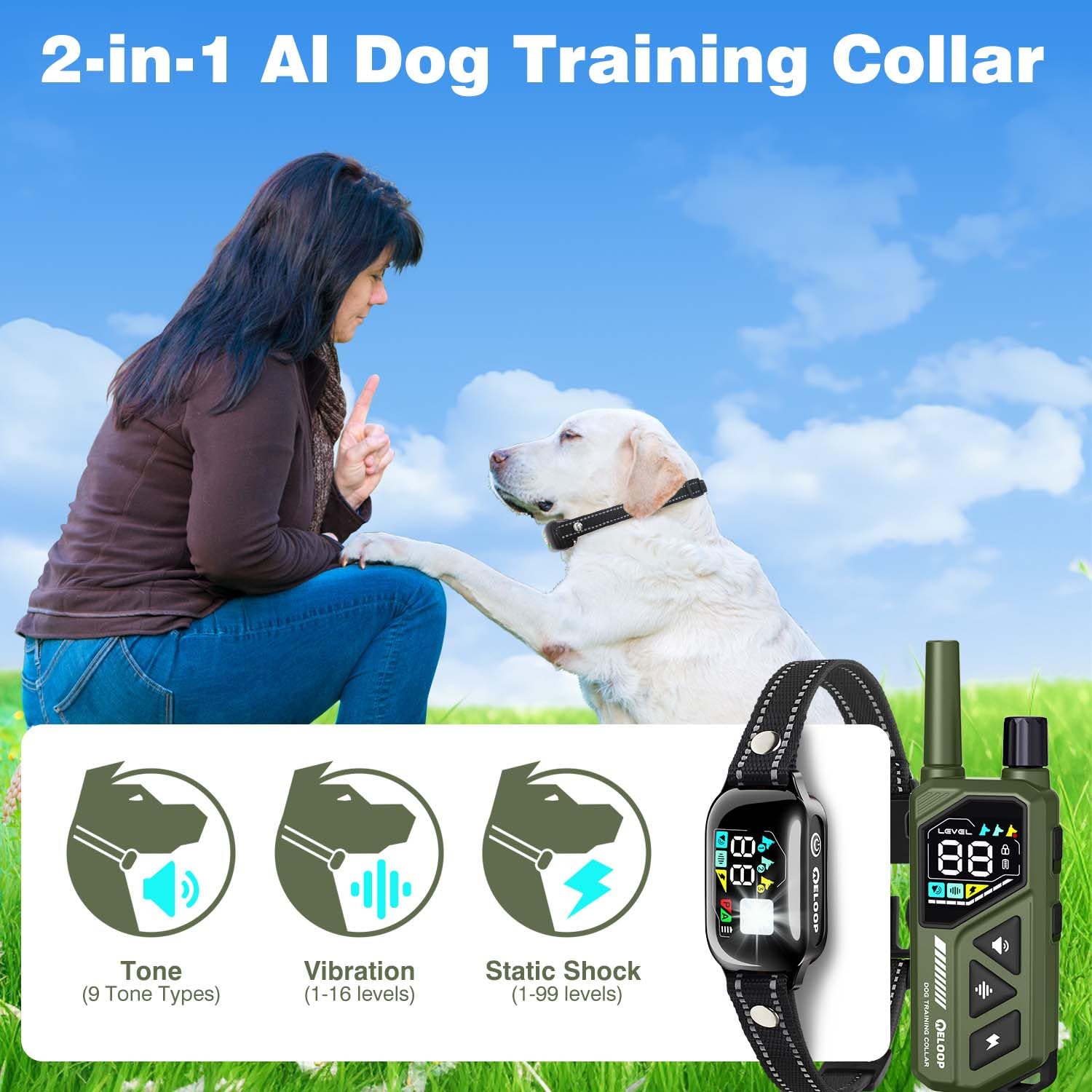 ELOOP bark collar static mode with adjustable intensity.