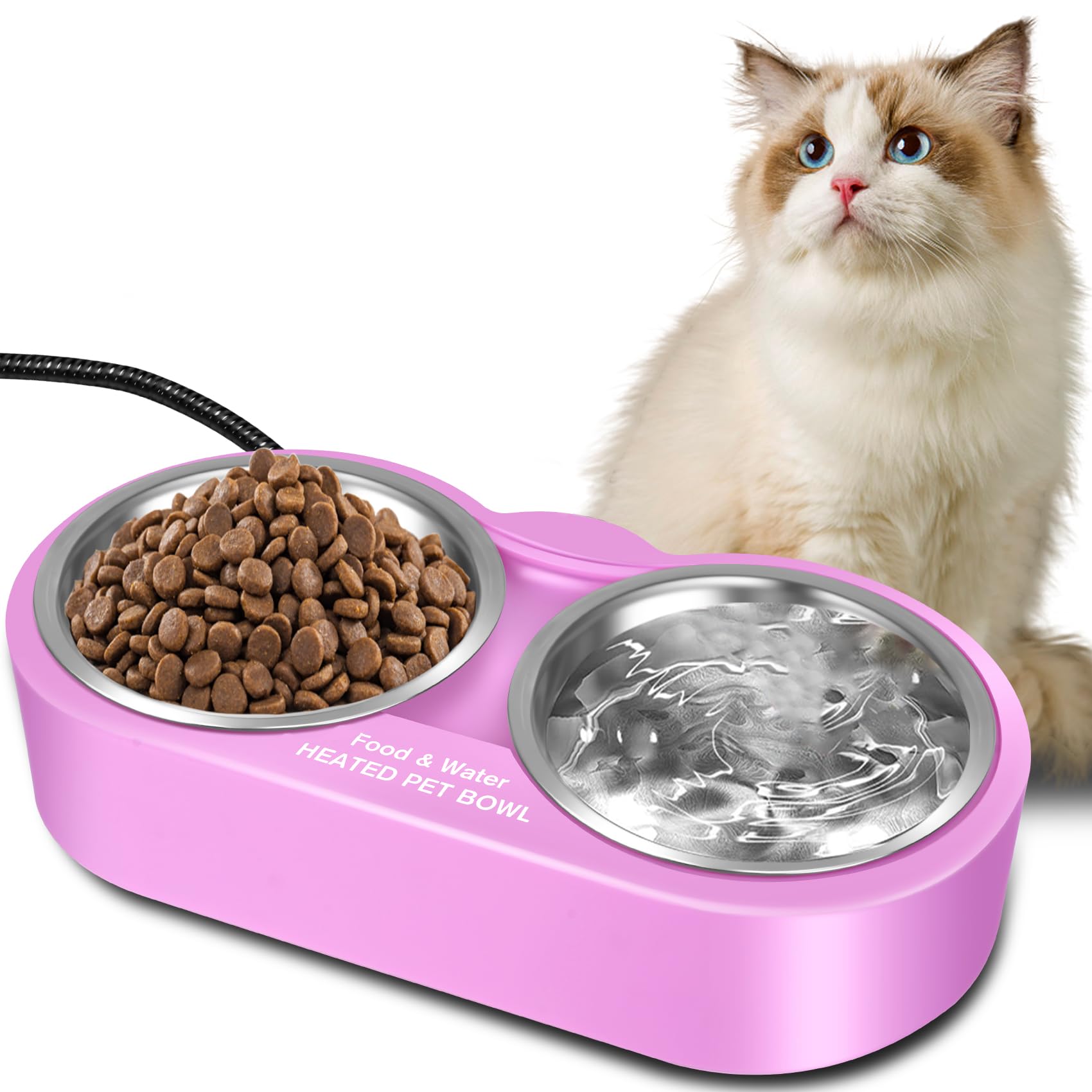 Eloslos heated water bowl with dual bowls, convenient for water and food.