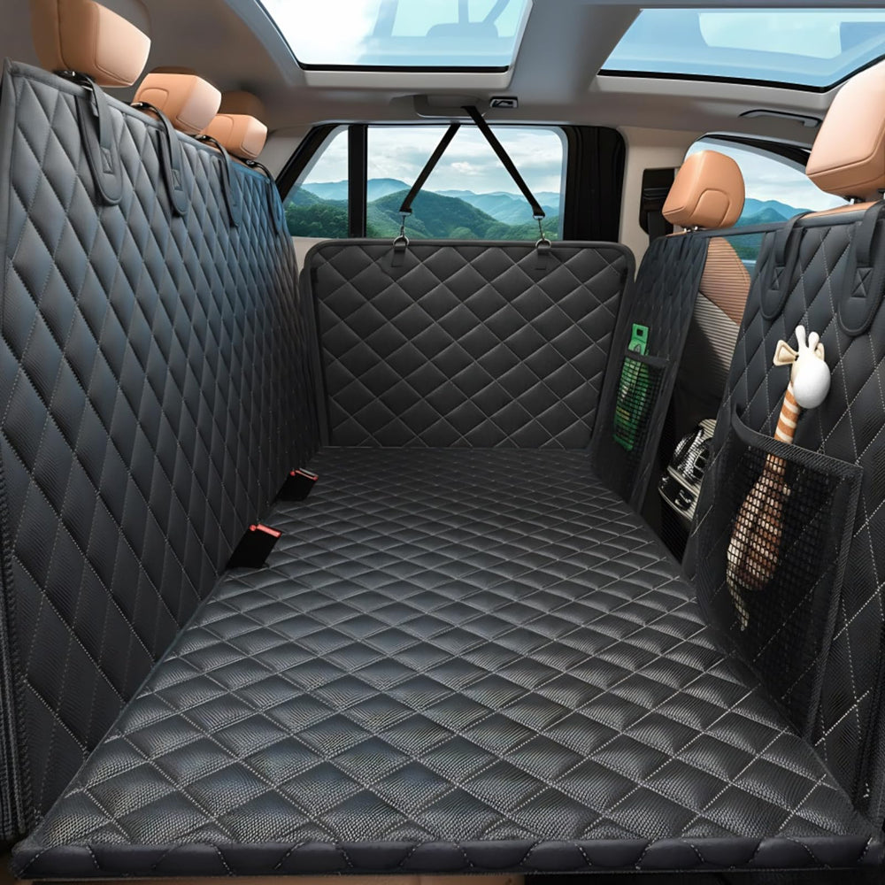 Elufa dog car seat cover back seat extender offers roomy space for dogs on road trips.