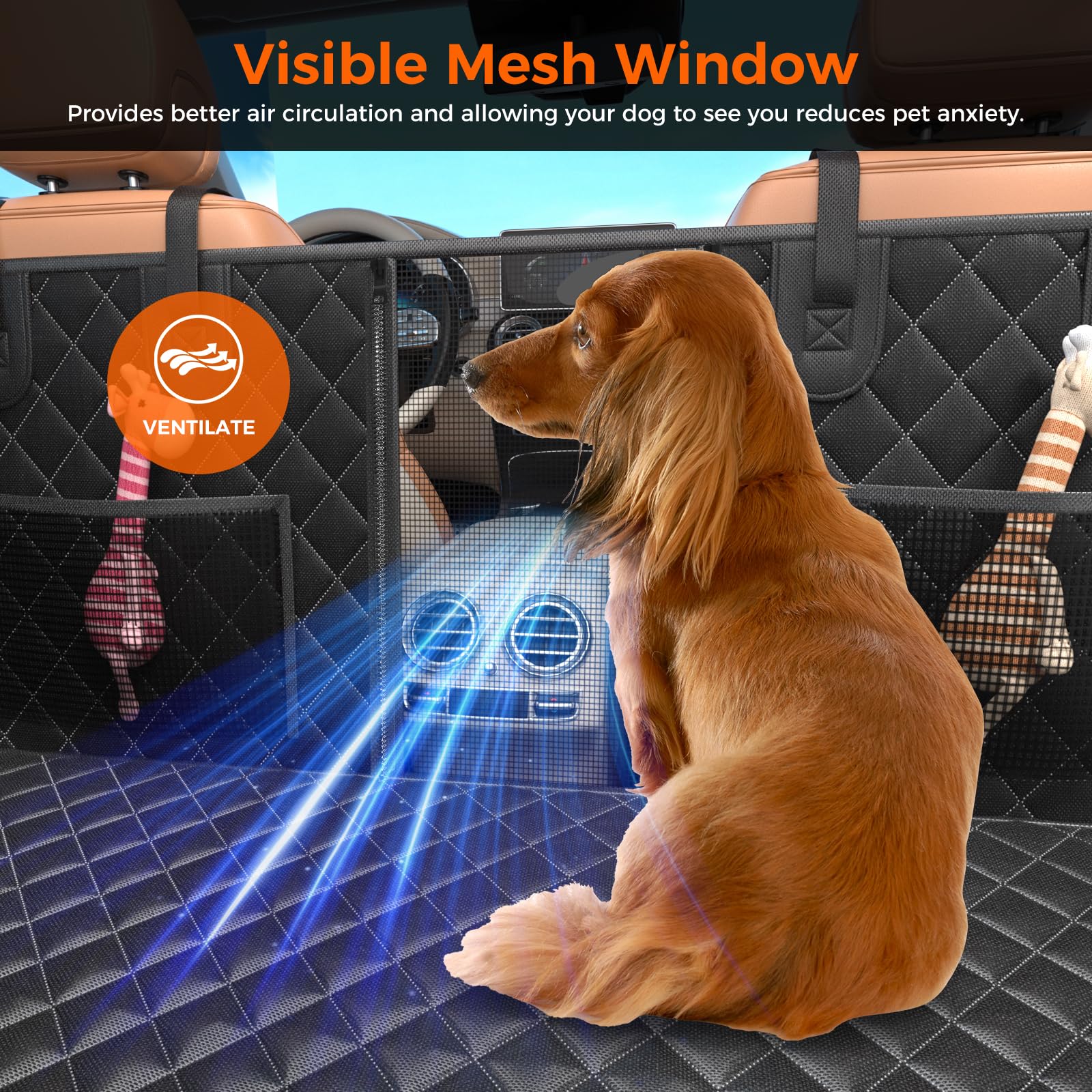 Elufa mesh window with pockets helps dogs stay calm and engaged.