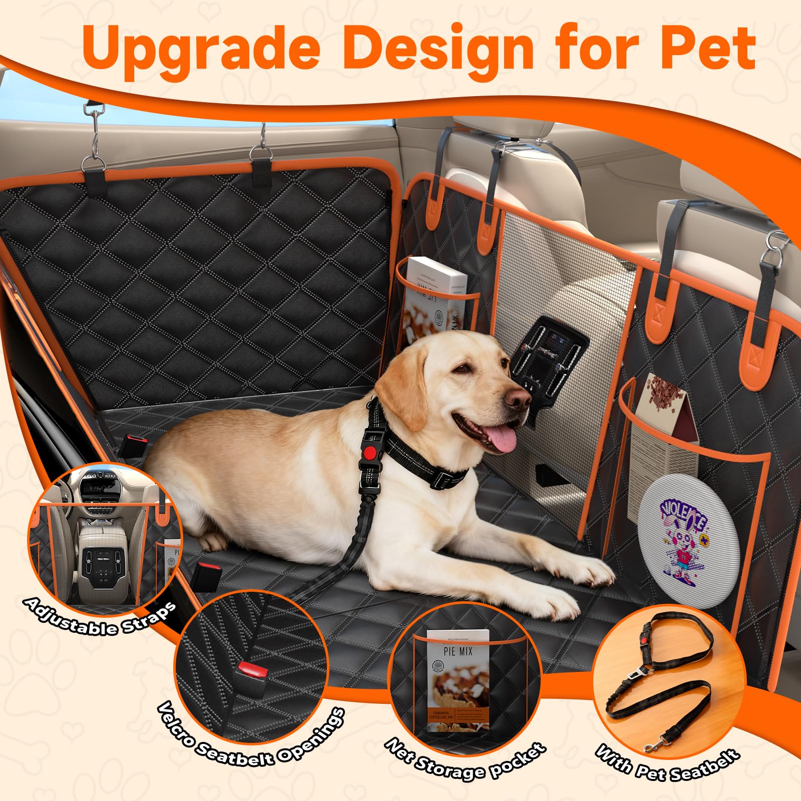 Elufa dog seat cover storage pockets keep toys and snacks organized.