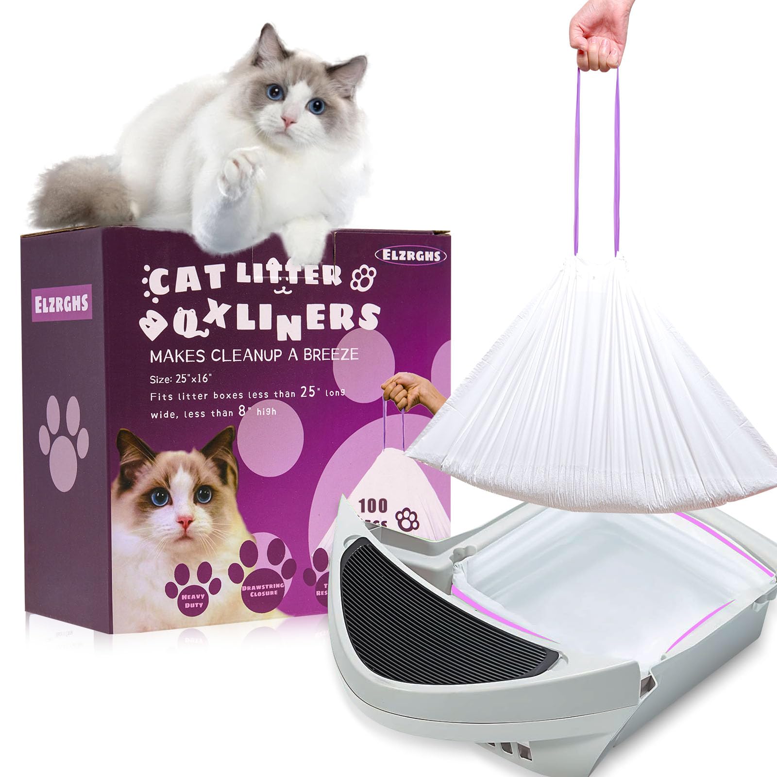 Elzrghs drawstring litter bag packaging shown for quick setup and storage convenience.