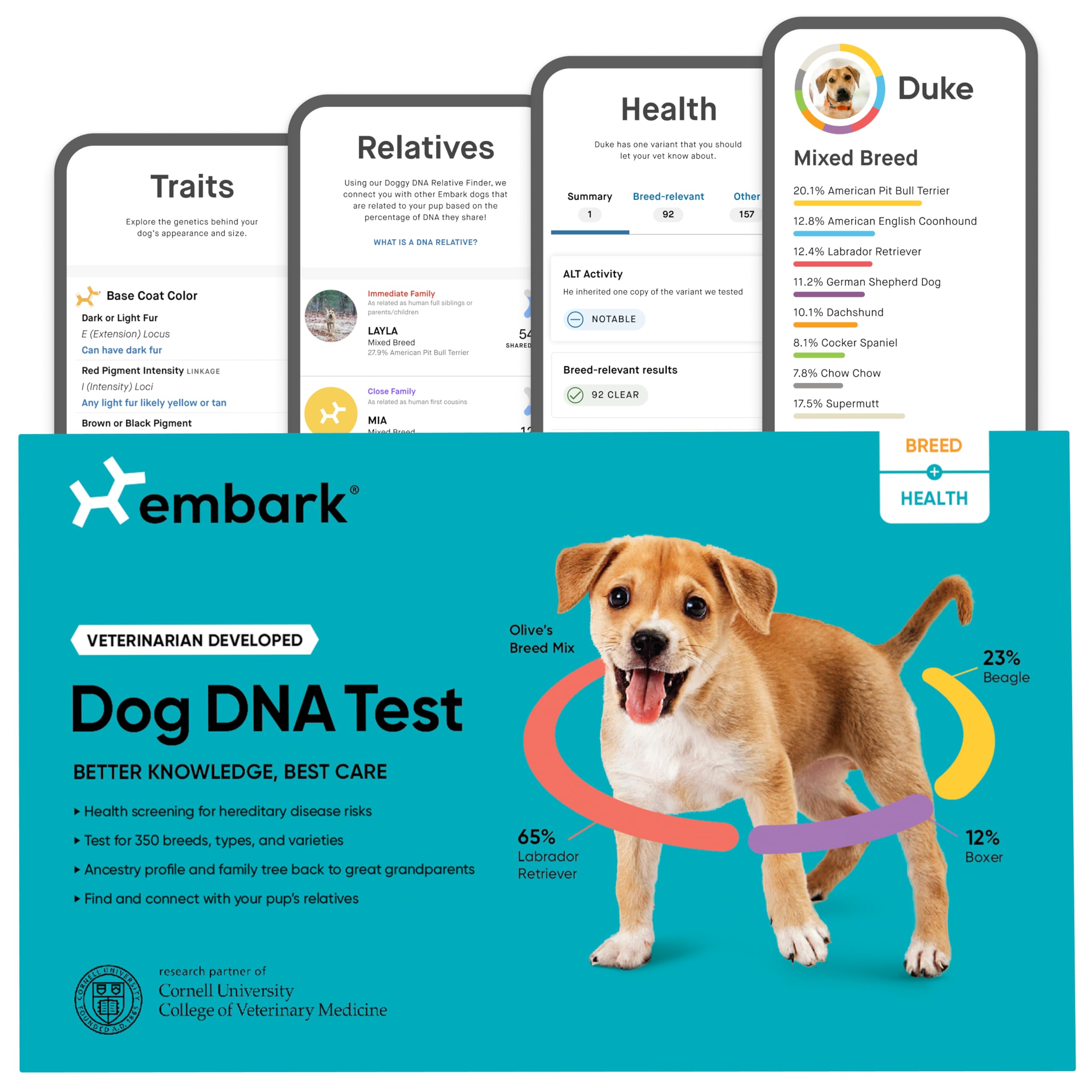 Embark packaging and quick-use guide for the Breed and Health Kit