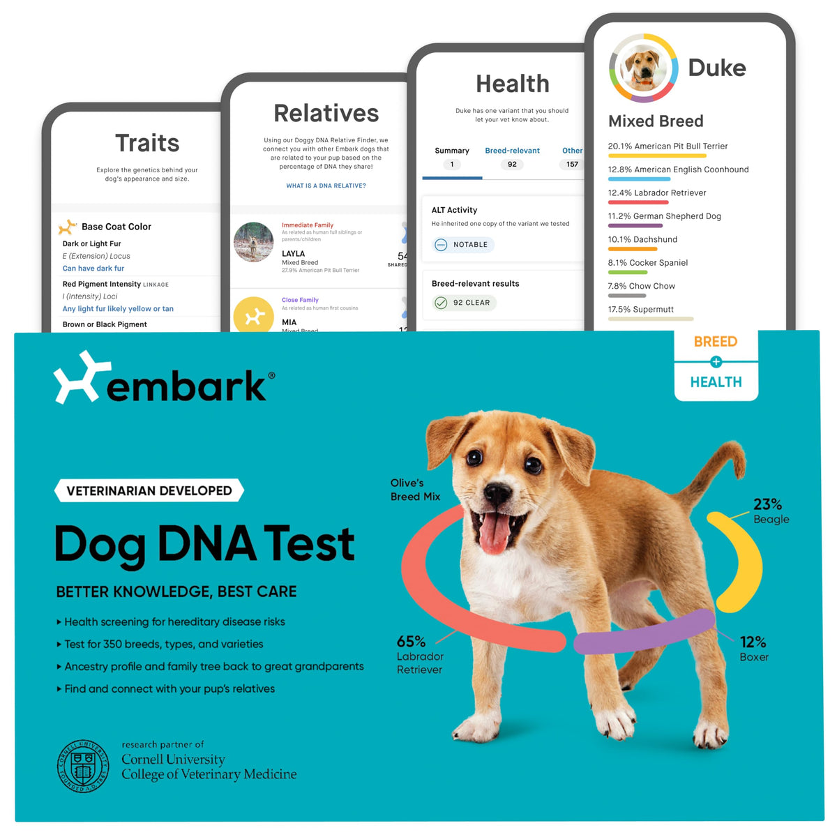 Embark packaging and quick-use guide for the Breed and Health Kit