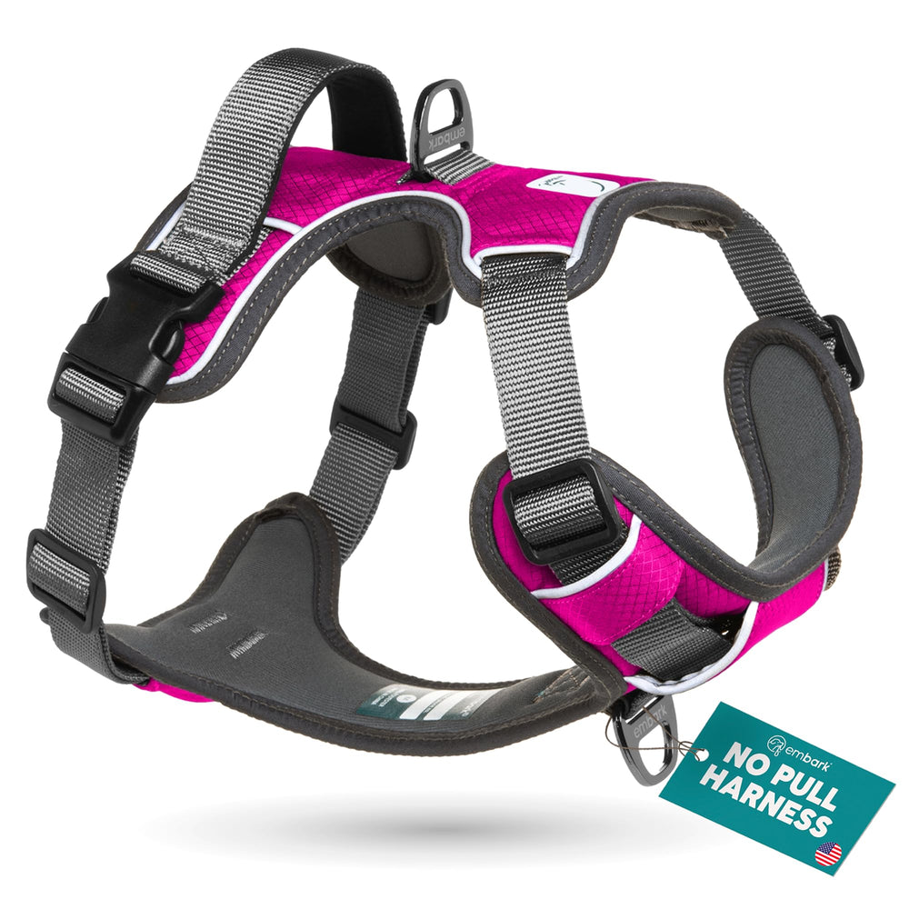 Embark Pets Adventure Harness front view showing secure fit and bright reflective trim