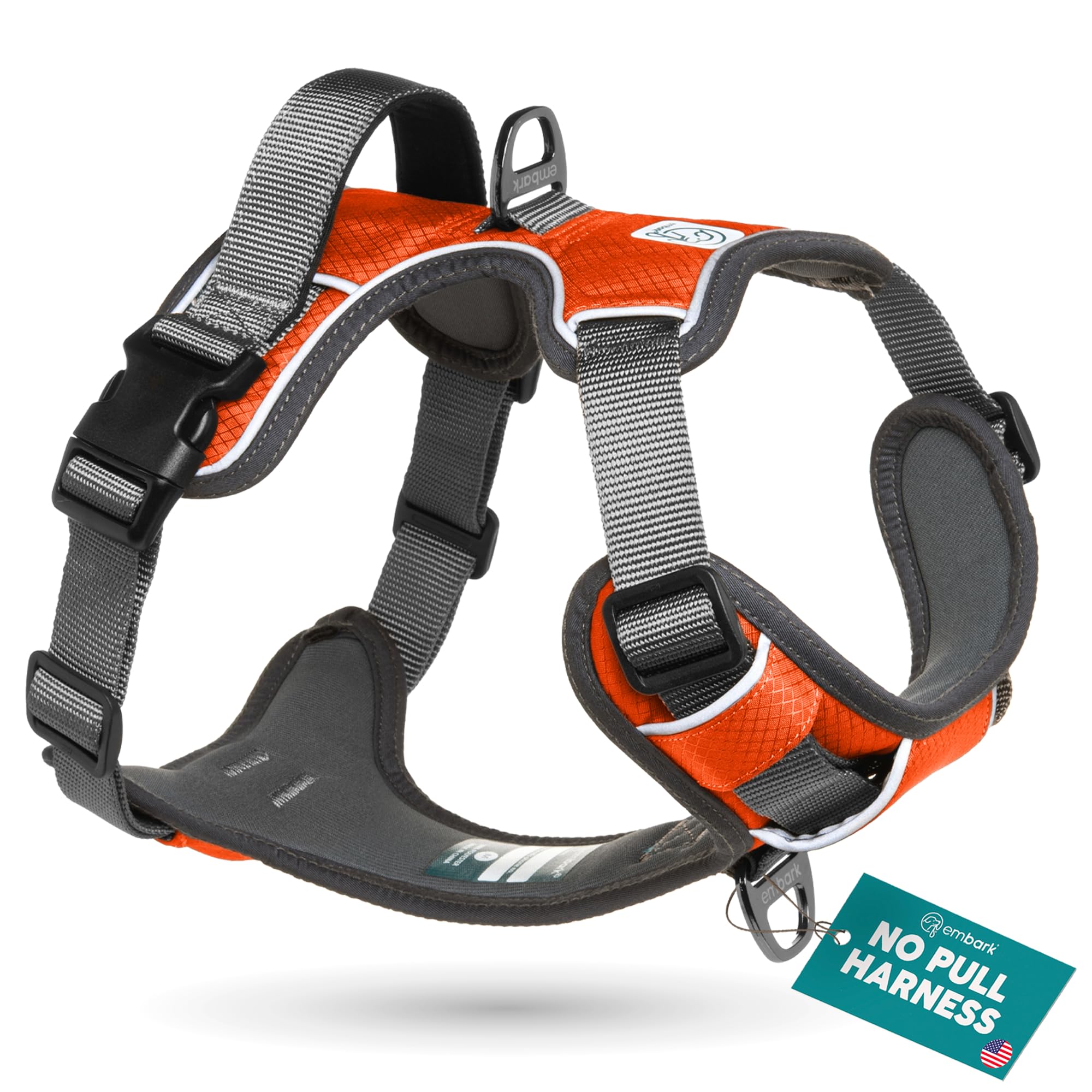 Embark Pets Adventure Harness front clip closeup shows controlled no-pull training.