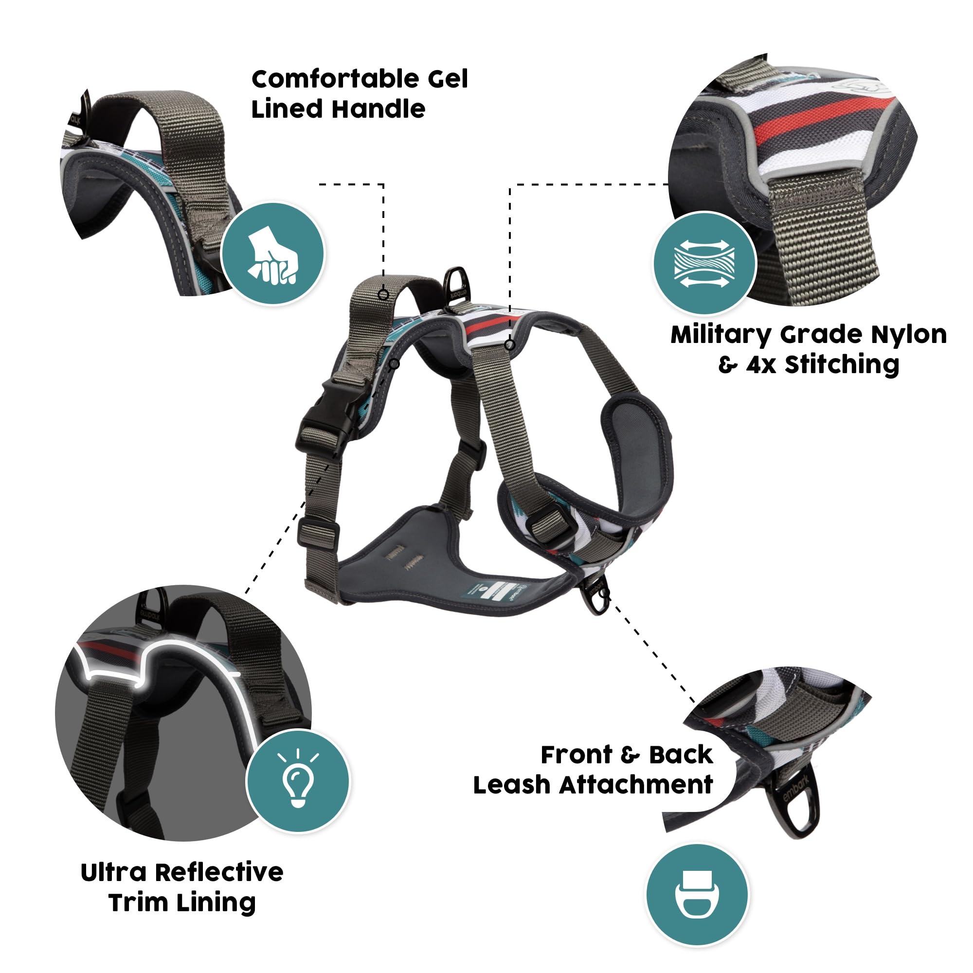 Embark Pets Adventure Harness reflective trim; enhances visibility during early morning walks.